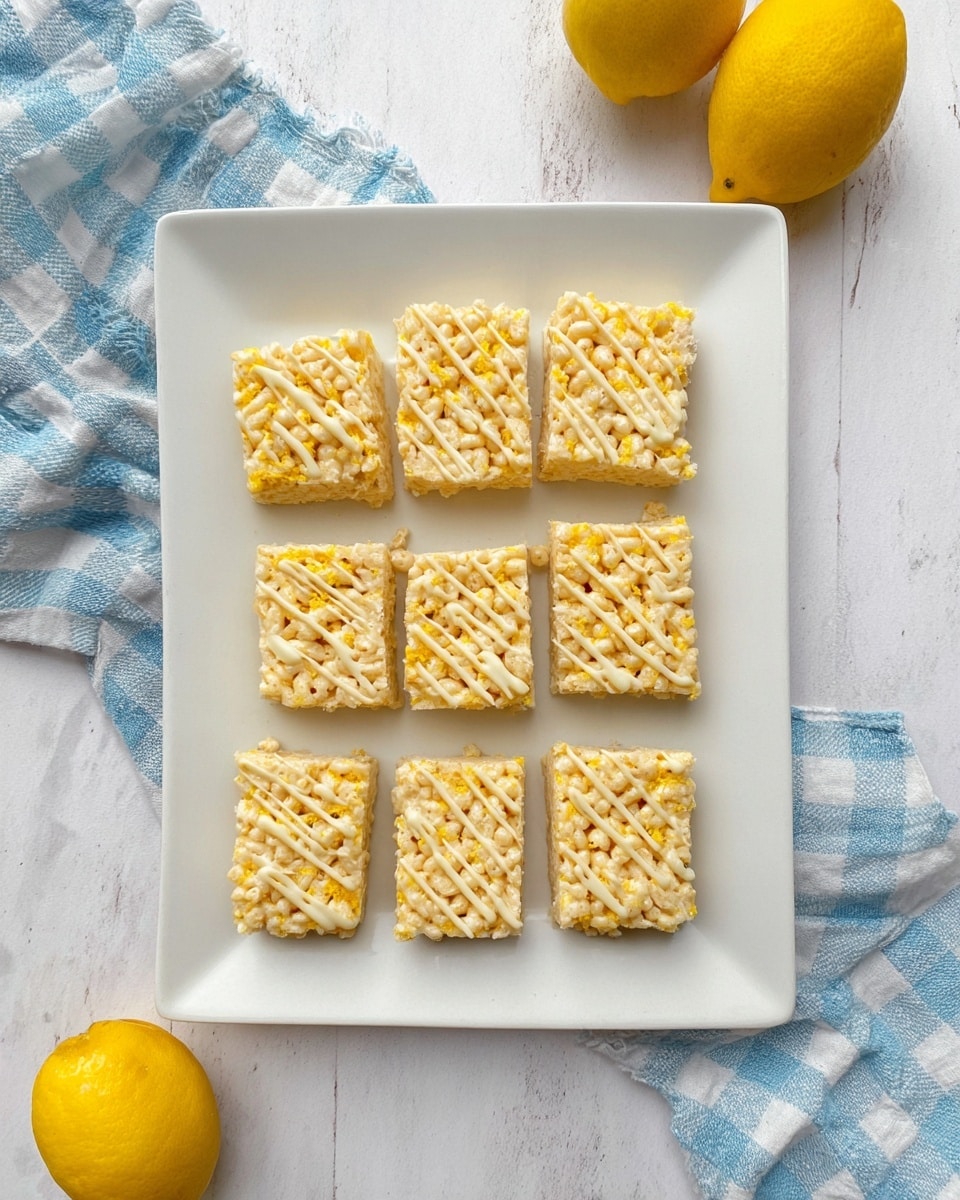 A white square plate holds eight rectangular yellow puffed rice treats arranged in two neat rows across a white marbled surface. Each treat has a textured top layer of puffed rice pieces bound together, with a light drizzle of creamy white icing forming diagonal lines on their surfaces. The treats have slightly uneven edges, giving them a homemade feel. In the corners of the image, two whole yellow lemons and a crumpled blue and white checkered cloth add color contrast. Photo taken with an iphone --ar 4:5 --v 7