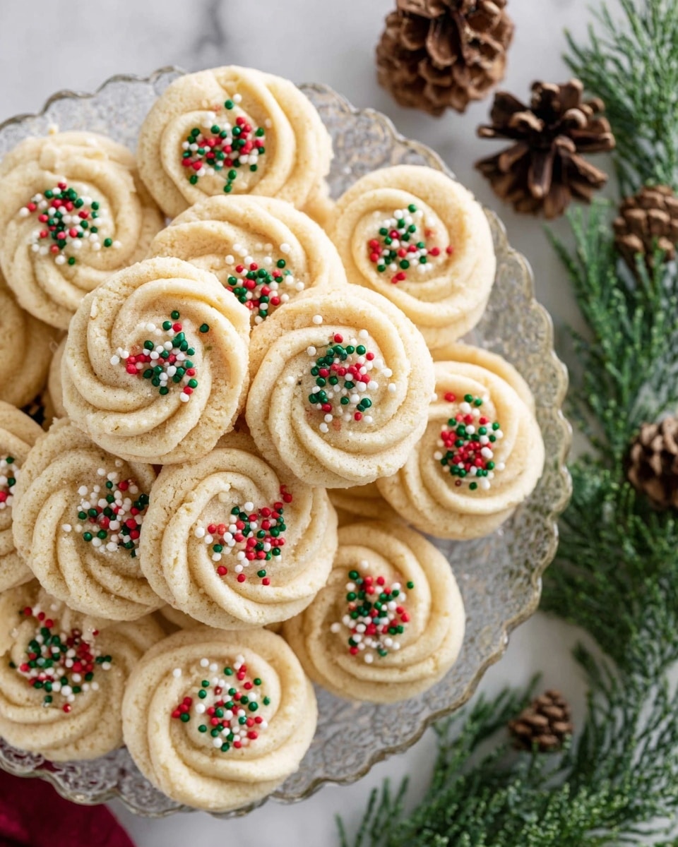 A glass plate filled with many small, soft swirl cookies in a light beige color, some topped with tiny red, green, white, and black round sprinkles while others are plain, arranged closely together. The cookies have a detailed swirled texture with smooth edges. Around the plate, there are green pine branches and brown pine cones adding a festive decoration on a white marbled surface. Photo taken with an iphone --ar 4:5 --v 7