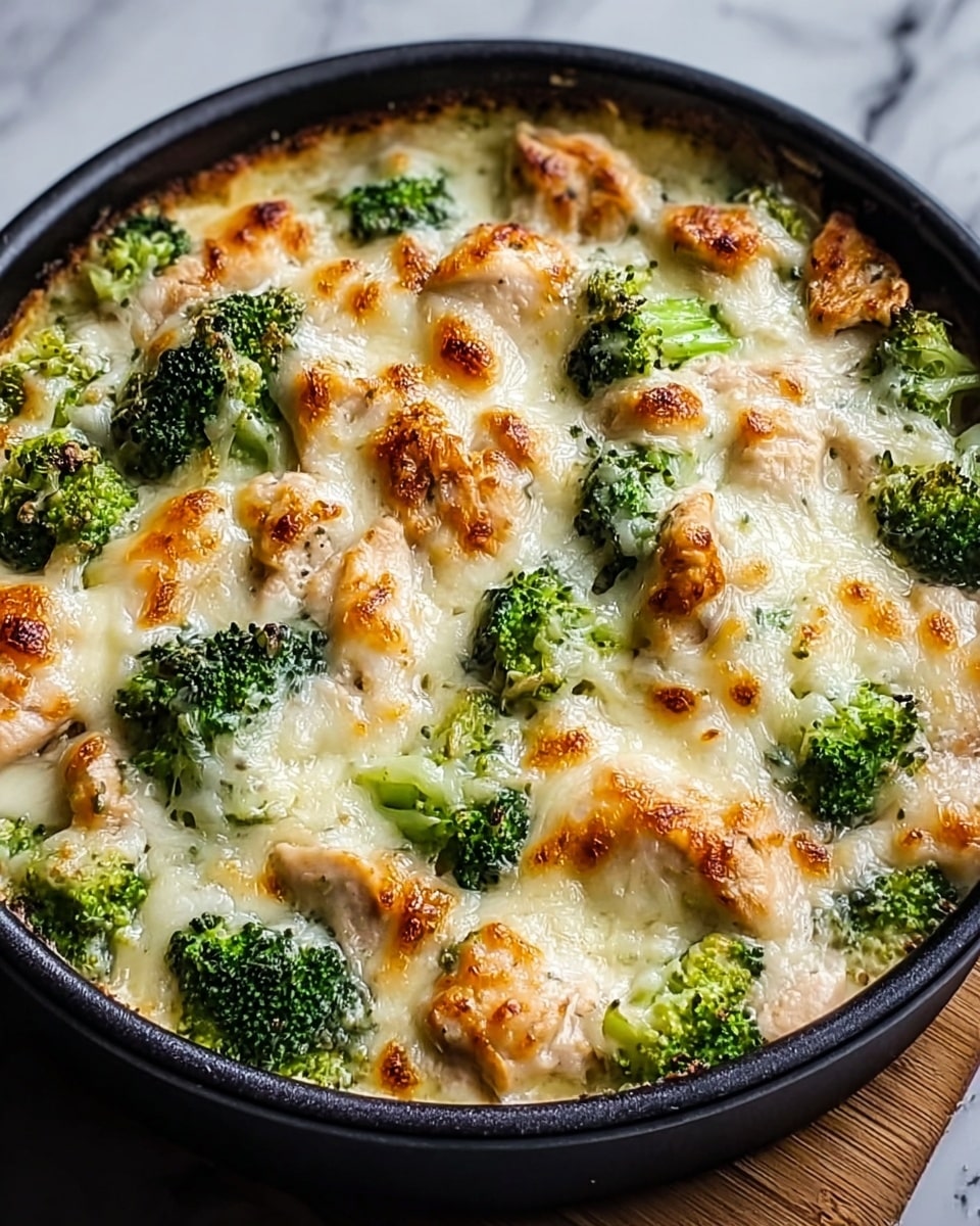 A close-up view of a baked dish in a black round pan filled with a creamy white cheese layer that is melted and slightly browned on top, covering pieces of light golden-brown chicken and bright green broccoli florets scattered evenly throughout. The cheese has a smooth, bubbly texture with some browned spots, giving the dish a warm and appetizing look. The pan is placed on a white marbled surface. photo taken with an iphone --ar 4:5 --v 7