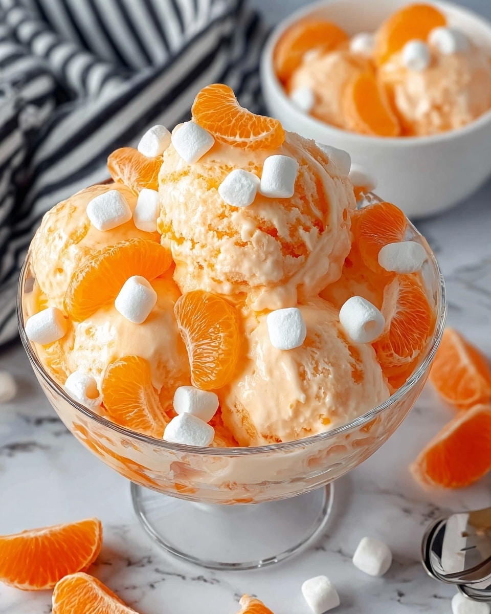 A large clear glass bowl filled with multiple scoops of light orange creamy frozen dessert, topped with bright orange mandarin slices and scattered white mini marshmallows, all placed on a white marbled surface. In the background, two smaller white bowls hold the same frozen dessert with mandarin slices on top. A black and white striped cloth is partially visible to the left, and a few loose mandarin slices are near the front of the glass bowl. The overall look is fresh and colorful, with a mix of smooth and soft textures. photo taken with an iphone --ar 4:5 --v 7