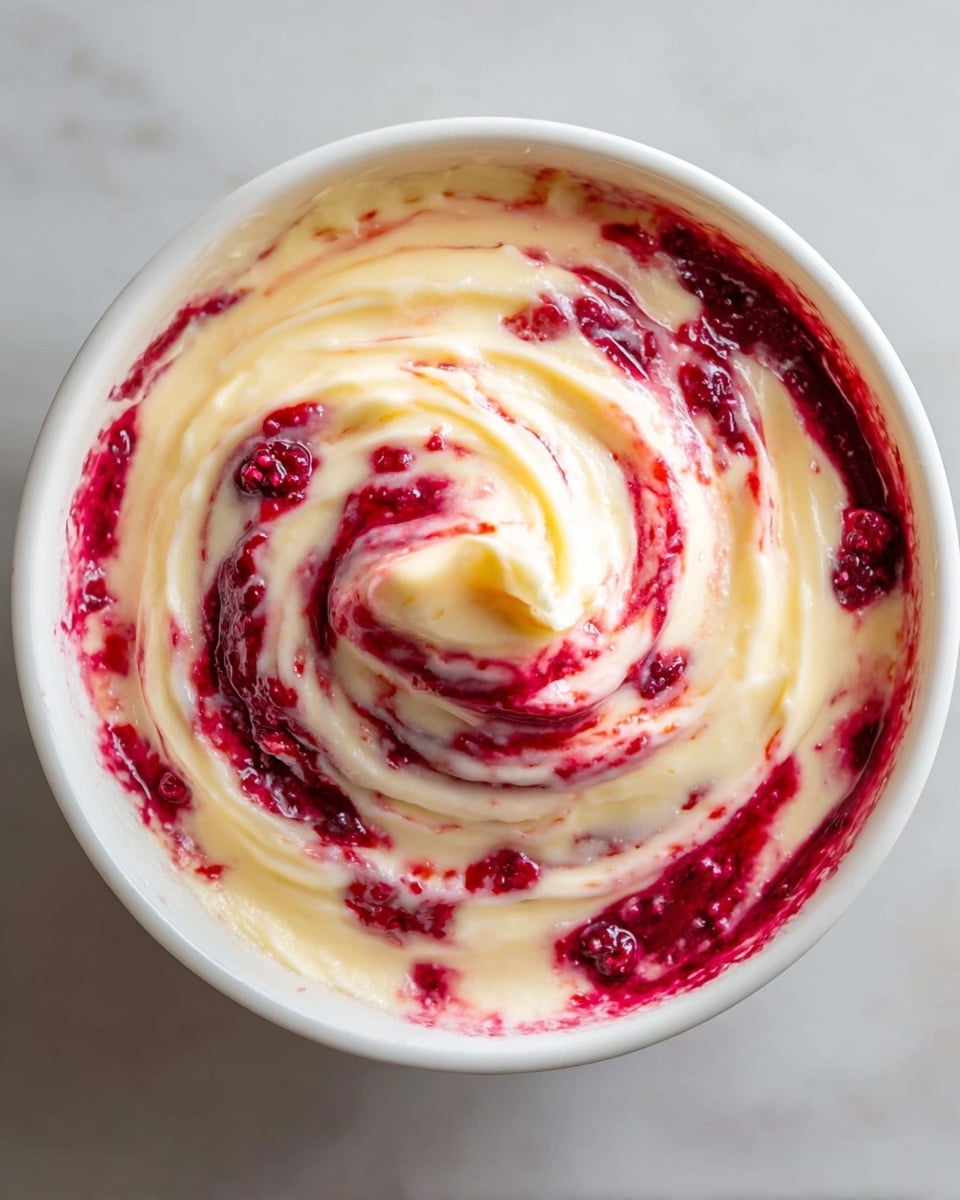 A close-up top view of a white round bowl filled with two mixed layers swirled together in a spiral pattern: creamy pale yellow layer and bright red berry sauce layer with small berry pieces, creating a textured, marbled effect. The swirls form a peak in the center, showing the thick, smooth, and slightly chunky texture of the cream and sauce. The bowl sits on a white marbled surface. photo taken with an iphone --ar 4:5 --v 7