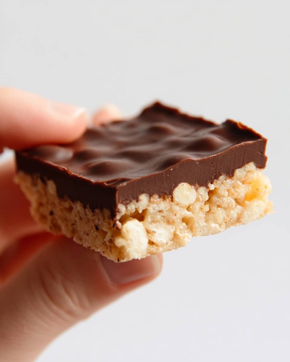 A close-up image of a small rectangular dessert piece held by woman's hand. The dessert has two visible layers: the bottom layer is light tan and crumbly with visible small puffed rice pieces embedded inside, while the top layer is a thick, smooth, dark brown chocolate coating with a slightly shiny and rippled surface. The background is plain white, creating a clean and simple look. photo taken with an iphone --ar 4:5 --v 7