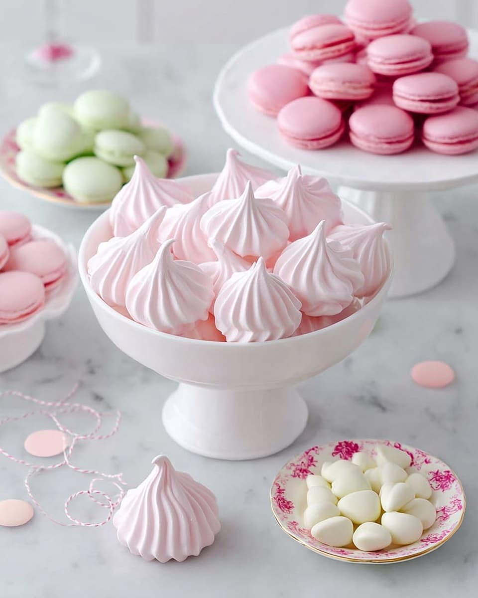 The image shows a white pedestal bowl filled with small, light pink meringue cookies shaped like little peaks with soft ridges. At the top right, a white pedestal plate holds a bunch of smooth pink macarons stacked in a small pile. Around these dishes, two white plates with pink floral patterns on the rim contain pastel-colored almond-shaped candies in light green, white, and cream. The whole setup is placed on a white marbled surface, giving a clean and elegant look. A single pink meringue cookie sits outside the bowl near the front, and some thin string with pastel paper circles lies on the marble surface near it. The scene is brightly lit and softly focused. photo taken with an iphone --ar 4:5 --v 7