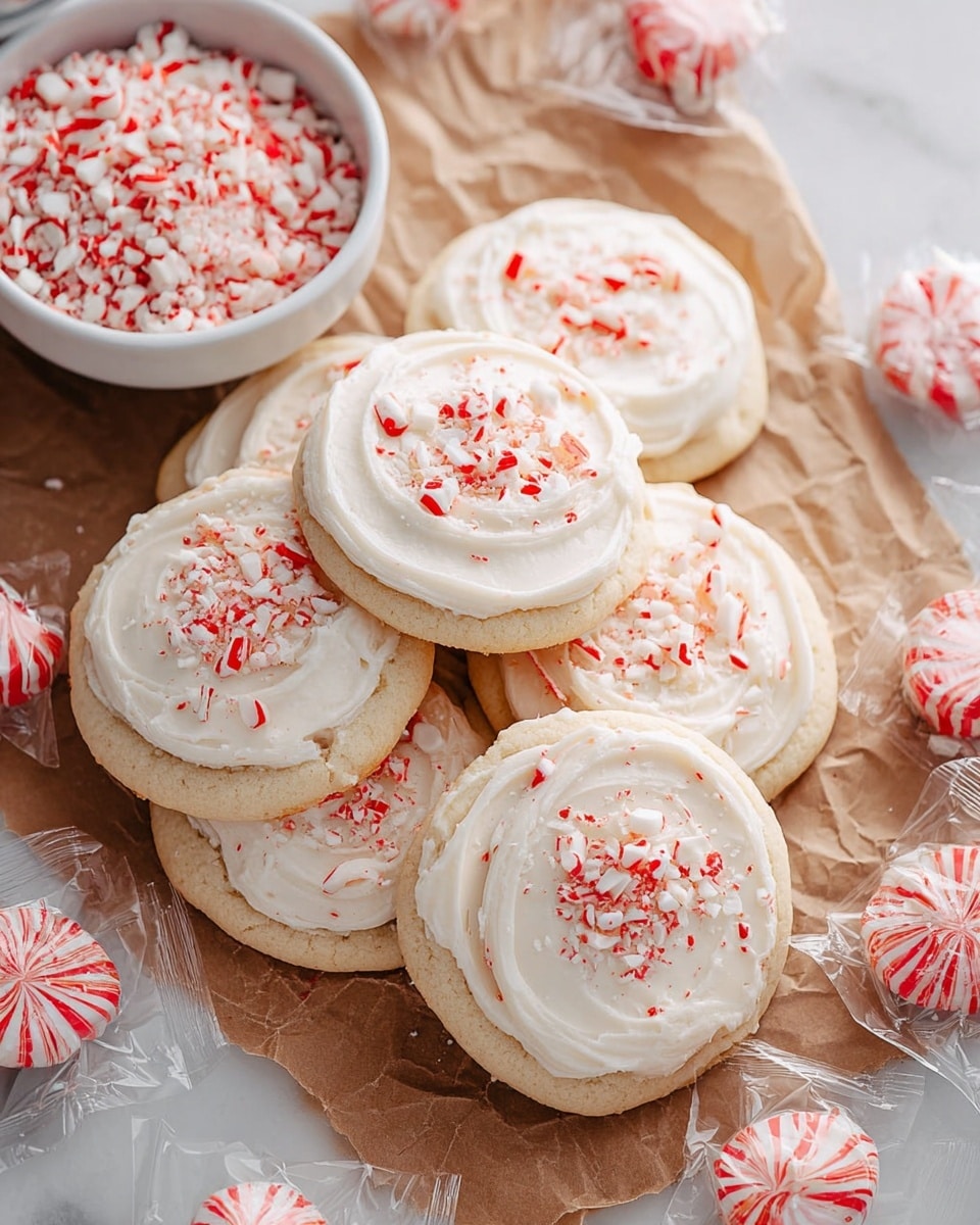 A pile of soft, light beige cookies sits on crumpled brown paper placed over a white marbled surface. Each cookie has one thick layer of smooth white frosting swirled on top, sprinkled with small, uneven pieces of red and white striped crushed peppermint candy. Around the cookies, there is a white bowl filled with more crushed peppermint pieces and several whole red-and-white swirled peppermint candies still wrapped in clear plastic scattered nearby. The scene is bright and clean, with the focus clearly on the textured cookies and their festive topping. photo taken with an iphone --ar 4:5 --v 7