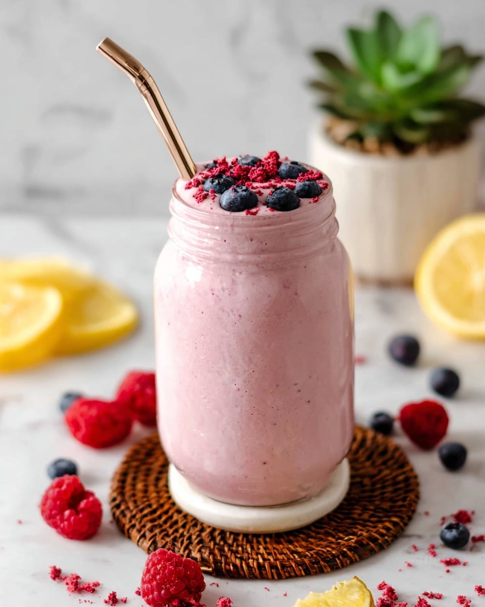 A tall clear glass jar filled with a creamy, light pink smoothie sits on a small white coaster resting on a brown woven mat. The smoothie has a thick texture and is topped with whole dark blueberries and small crumbly red bits scattered over the surface. A shiny metallic gold straw leans out from the top. Around the jar, there are scattered fresh raspberries, blueberries, and slices of bright yellow lemon on a white marbled surface. A small green succulent plant in a white pot stands blurred in the background. photo taken with an iphone --ar 4:5 --v 7
