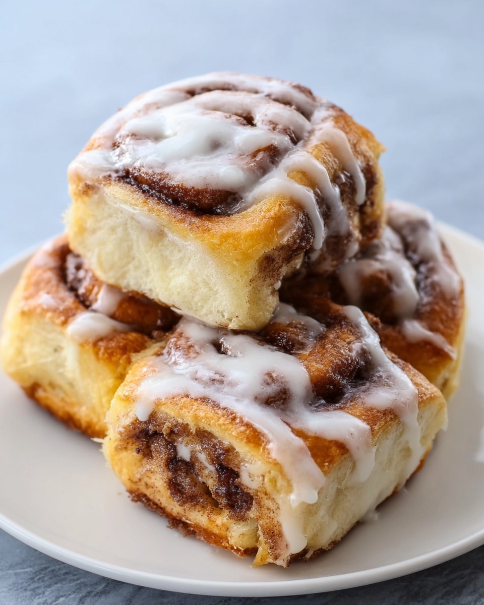 A close-up view of three cinnamon rolls stacked on a white plate. Each roll has a soft, fluffy dough with a golden-brown crust and visible swirls of cinnamon. The top layer of each roll is covered with a smooth, white icing that drips slightly down the sides. The cinnamon filling inside has a darker, rich brown color with a slightly sticky texture. The background is a white marbled texture. photo taken with an iphone --ar 4:5 --v 7