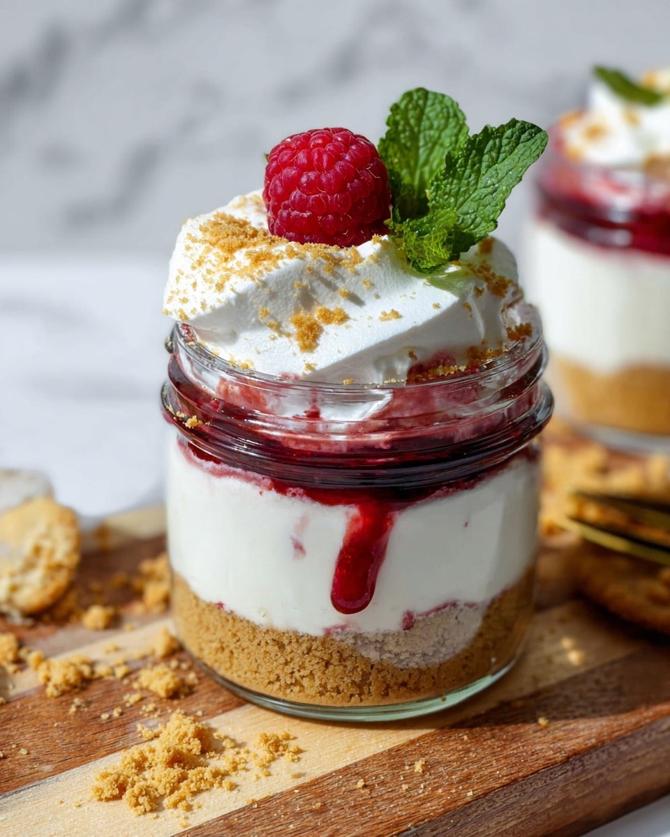 The image shows a dessert in a small clear glass jar with three layers. The bottom layer is crushed golden brown cookies or graham crackers, providing a crumbly texture. The middle layer is a thick, creamy white filling, smooth and dense. The top layer has a dark red fruit sauce that slightly drips down the side of the jar, covered by a fluffy white whipped cream sprinkled with light brown crumbs. On top, there is a bright red raspberry and two fresh green mint leaves placed beside it. The jar sits on a wooden board with crumbs around, against a white marbled textured background. Photo taken with an iphone --ar 4:5 --v 7