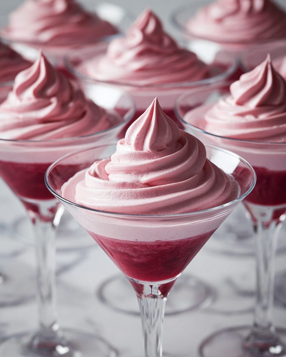 The image shows several clear martini glasses filled with a two-layer pink dessert. The bottom layer is a smooth, deep reddish-pink color with a slightly glossy texture, while the top layer is a lighter pink, swirled mousse or whipped cream, creating a soft and airy look. Each glass has a thick swirl of the light pink topping that ends in a pointed peak in the center. The glasses are placed on a white marbled surface, and the focus is on the glass in the center, with others softly blurred in the background. Photo taken with an iphone --ar 4:5 --v 7