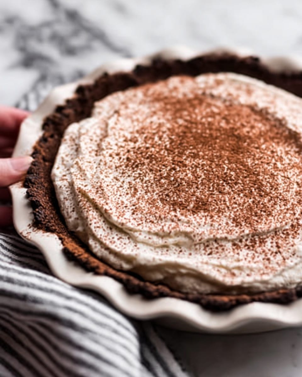 The image shows a close-up of a dark chocolate pie with three layers. The bottom layer is a thick, dark chocolate crust that has a rough, firm texture and deep brown color. Above the crust, there is a smooth and creamy white whipped topping spread evenly and slightly fluffy. The top layer is dusted with a light sprinkle of cocoa powder that gives a textured, soft brown finish. The pie is in a white pie dish, and a woman's hand is gently holding the edge of the dish. The background features a white marbled surface with part of a gray and white striped cloth nearby. Photo taken with an iphone --ar 4:5 --v 7