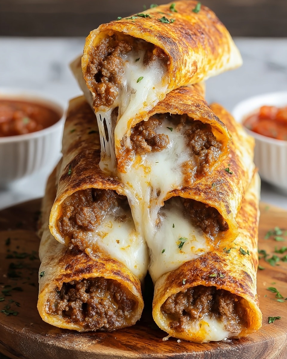 A stack of five rolled tortillas filled with a mixture of cooked ground beef and melted white cheese, with the top three tortillas cut open to show gooey cheese stretching out. The outside of each tortilla is golden brown and crispy, sprinkled with small green herbs. The tortillas are placed on a wooden board with a white marbled texture background, and there are small white bowls with salsa blurred in the background. photo taken with an iphone --ar 4:5 --v 7