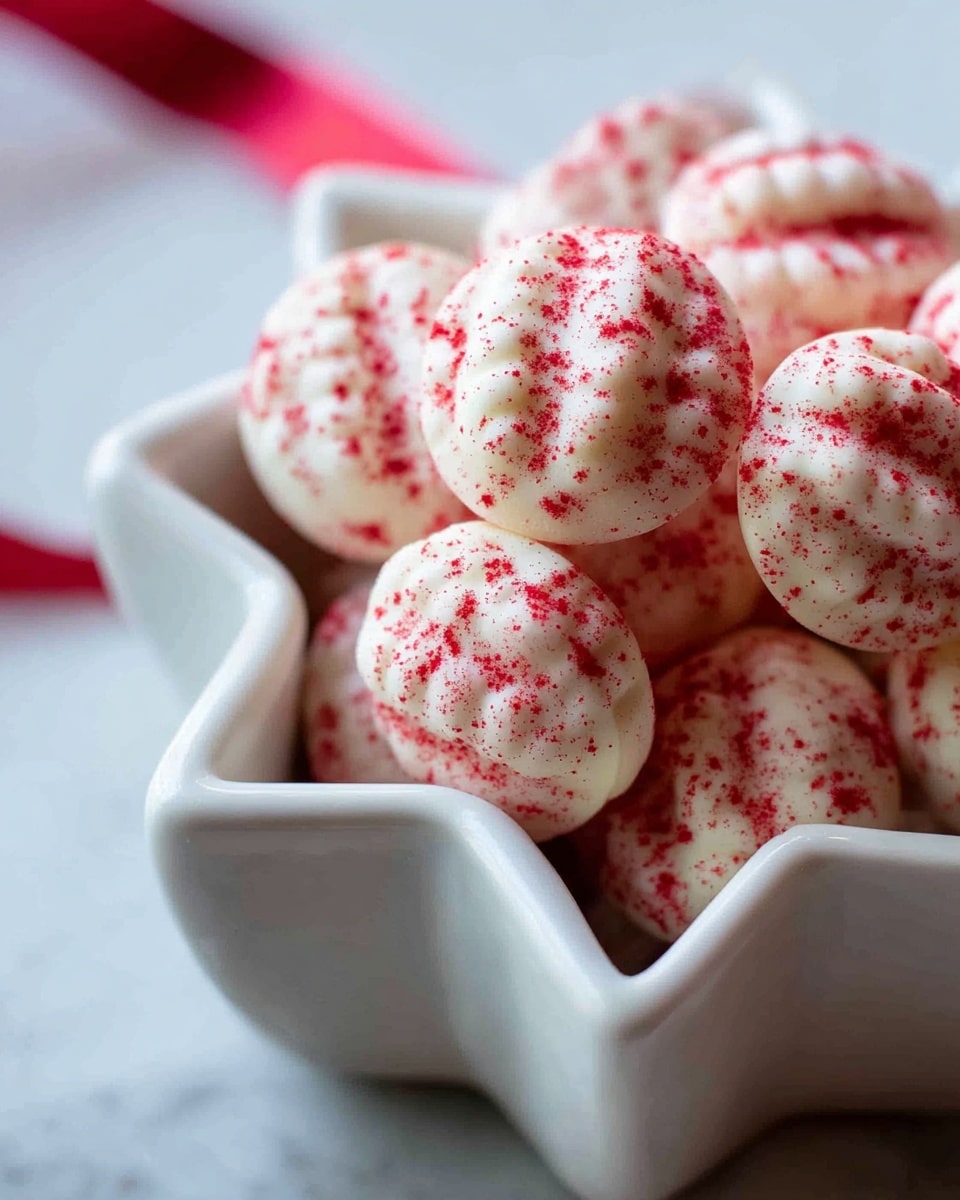 The image shows small, round white candies dusted with red powder, placed closely together inside a white ceramic container shaped like a star. Each candy has a smooth surface with small indentations on top, and the red powder is scattered unevenly over them, giving a speckled look. The star-shaped dish sits on a white marbled surface, and soft natural light highlights the texture and colors of the candies and dish. Photo taken with an iphone --ar 4:5 --v 7