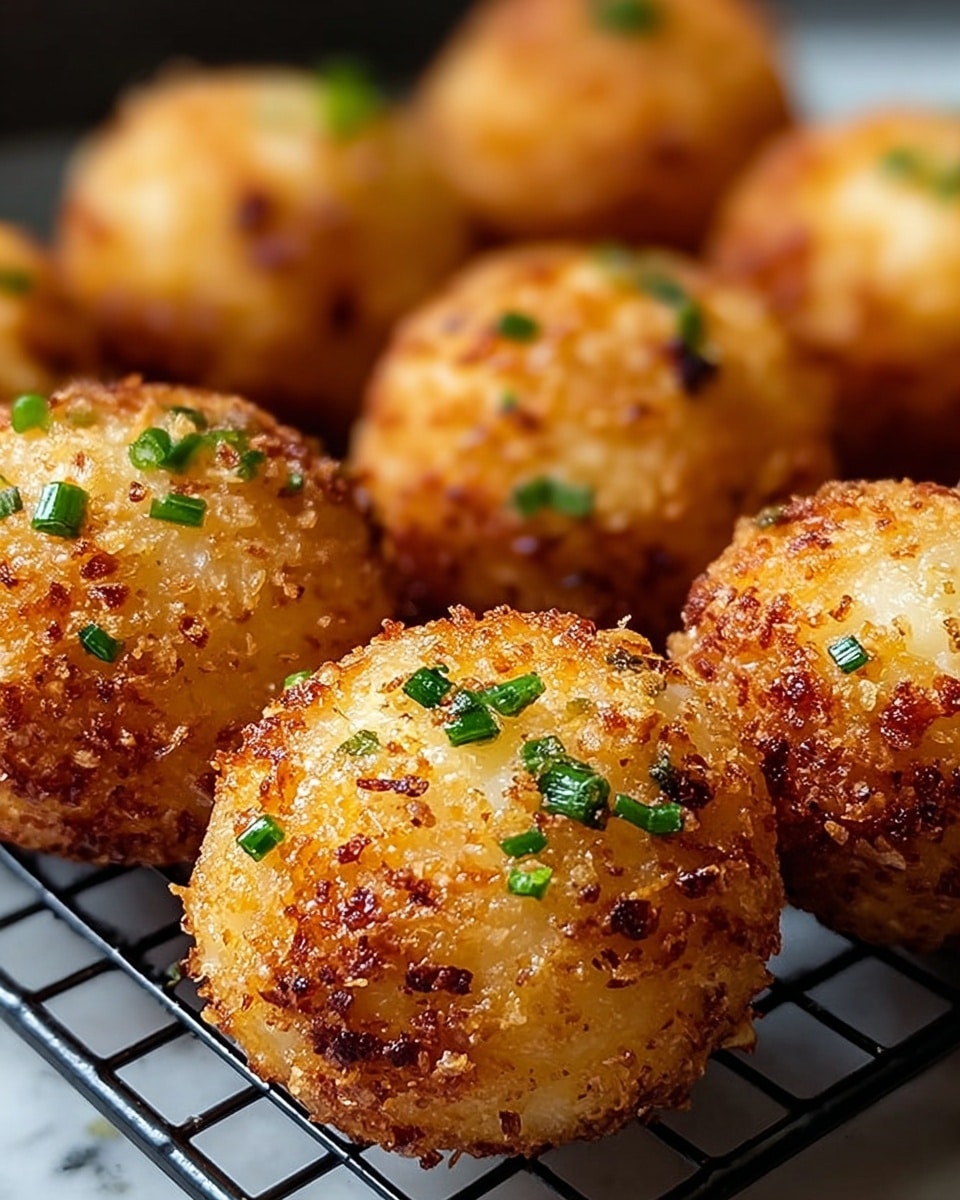 The image shows several round, golden-brown fried balls with a crispy texture on the outside, scattered with small green bits of chopped herbs, all placed on a black wire rack. Each ball has a rough, crunchy surface, with some parts browned more than others, adding a crispy look. The balls are arranged closely together, and the focus is mainly on the ones in the front, while those in the back become blurred. The white marbled surface is faintly visible around the edges beneath the rack. Photo taken with an iphone --ar 4:5 --v 7