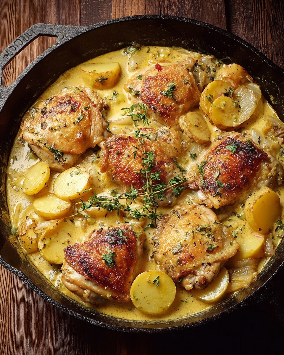A black cast iron skillet filled with six browned chicken thighs resting on a creamy light yellow sauce. The skillet is also filled with sliced yellow potatoes and small onion pieces spread around evenly. Fresh green thyme sprigs are placed on top of the chicken, adding a touch of color. The dish sits on a white marbled surface with a dark wooden background. The texture of the sauce looks thick and slightly grainy with visible herbs mixed in. photo taken with an iphone --ar 4:5 --v 7