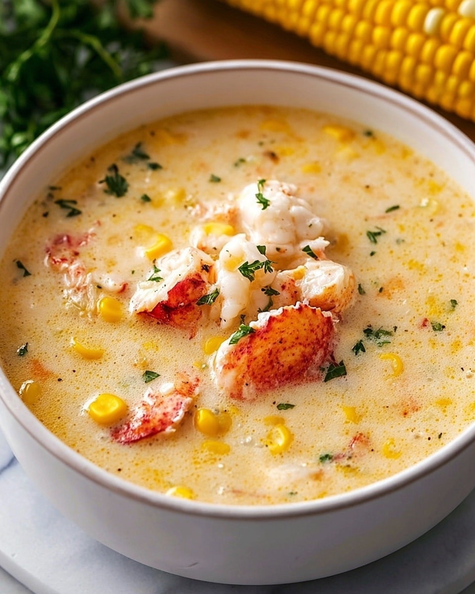 A white bowl filled with creamy, light yellow soup, thick with visible pieces of corn kernels scattered throughout. There are several tender white and pink lobster chunks with some lobster shell bits on the surface. Tiny green parsley leaves are sprinkled evenly across the soup, adding contrast. The soup looks smooth with a slight oily sheen on top, sitting on a white marbled surface. In the blurred background, an ear of corn adds a pop of bright yellow color. photo taken with an iphone --ar 4:5 --v 7