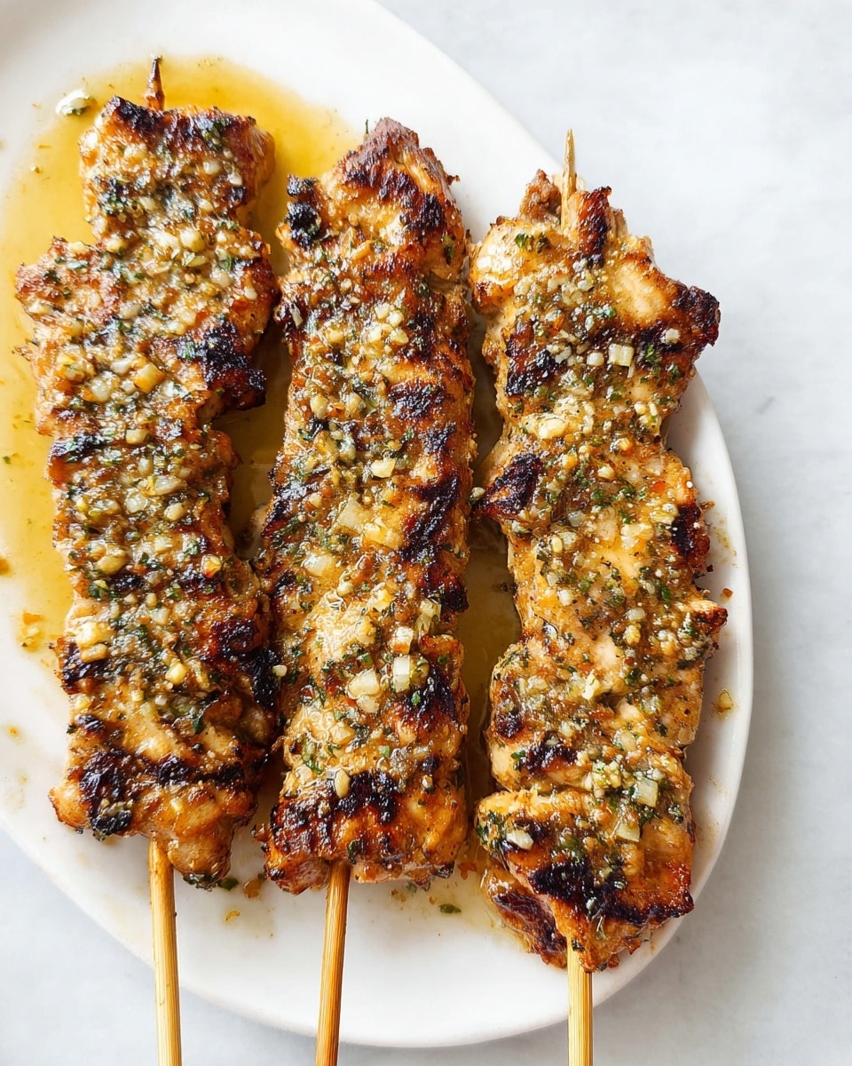 The image shows three grilled chicken skewers placed side by side on a white plate set on a white marbled surface. Each skewer has a golden-brown, slightly charred chicken piece with a thick coating of chopped garlic, herbs, and spices that create a rough, textured layer covering the entire surface of the chicken. The skewers are wooden sticks, visible at both ends under the chicken. There is a glistening oil or sauce dripping slightly on the plate, enhancing the rich, savory look of the grilled chicken. photo taken with an iphone --ar 4:5 --v 7