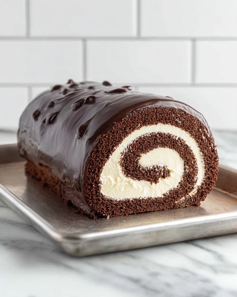 The image shows a chocolate roll cake on a silver tray placed on a white marbled surface. The roll cake has a glossy, dark chocolate outer layer with a smooth texture and slight bumps. Inside, a light cream-colored filling is rolled tightly in the middle, forming a clear spiral pattern with the dark chocolate cake layers surrounding it evenly. The end slice clearly shows the swirl of the cream and cake layers. The background is a white tiled wall. photo taken with an iphone --ar 4:5 --v 7