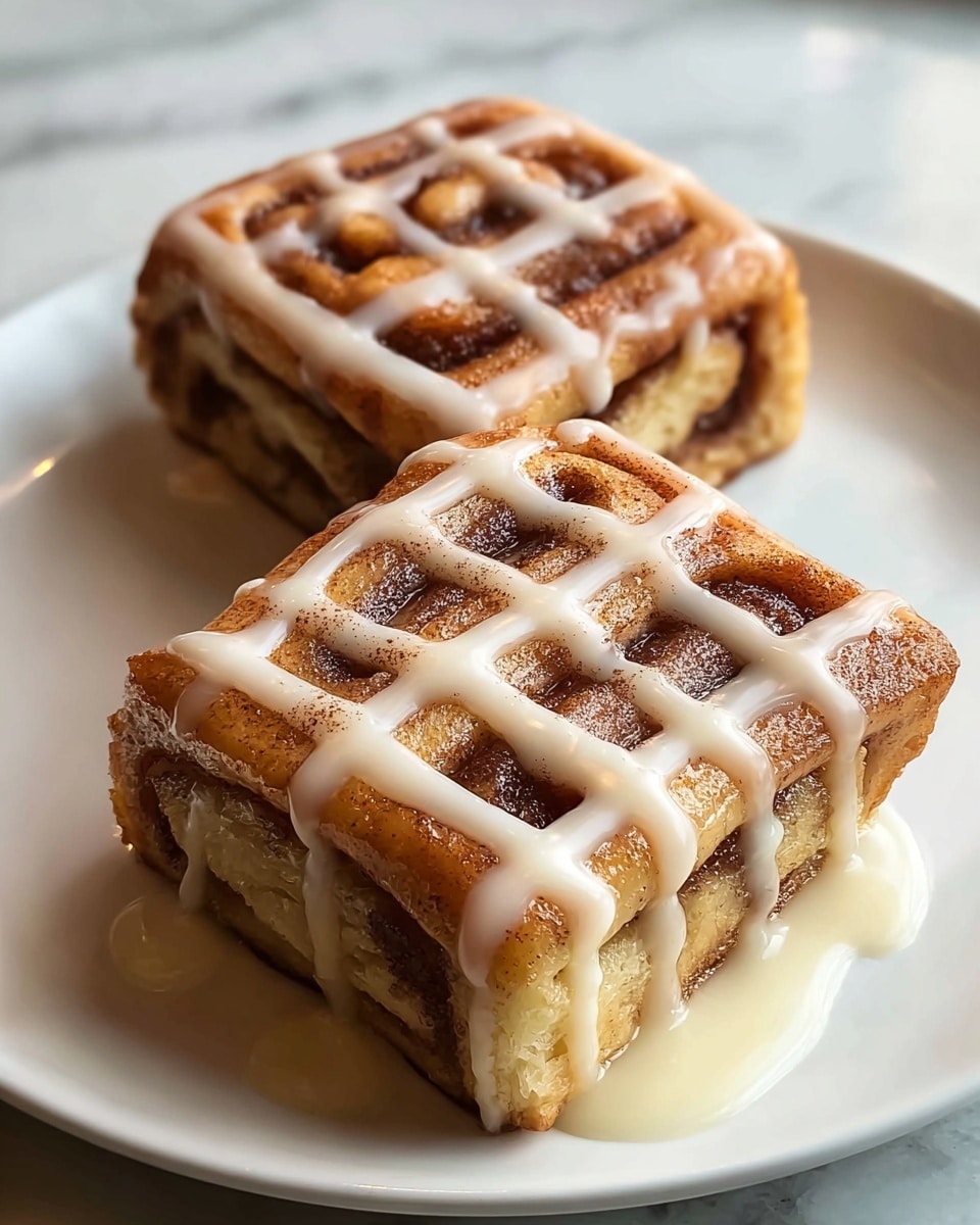 The image shows four square pieces of cinnamon roll place close together on a white plate. Each piece has visible layers with a golden brown crust and a soft, doughy inside with cinnamon swirls. On top of the rolls, thick white icing is drizzled in even lines over each piece, adding a glossy texture. There is also a light drizzle of syrup around the rolls on the plate. The background is a white marbled texture. photo taken with an iphone --ar 4:5 --v 7