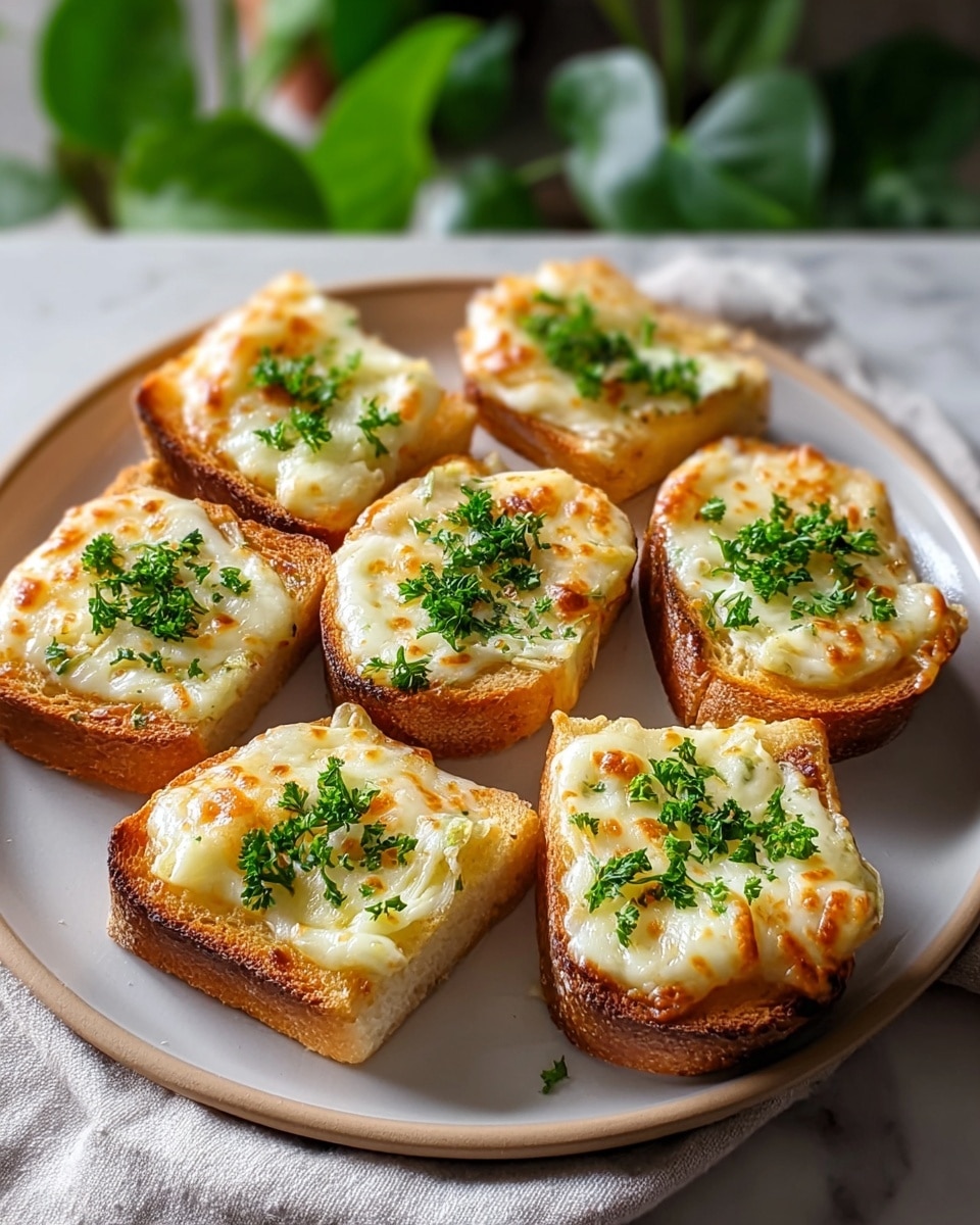 The image shows seven pieces of toasted bread arranged on a white plate with a light beige rim, placed on a white marbled surface with a light cloth on the side. Each bread piece has one thick layer, a golden-brown toasted bread base topped with melted cheese that is creamy white with some golden-brown spots from being baked. On top, fresh green parsley is sprinkled evenly, adding color contrast. The cheese looks soft, creamy, and slightly bubbly on the surface. The plate of cheesy toasts is in soft natural light with leafy green plants blurred in the background. photo taken with an iphone --ar 4:5 --v 7