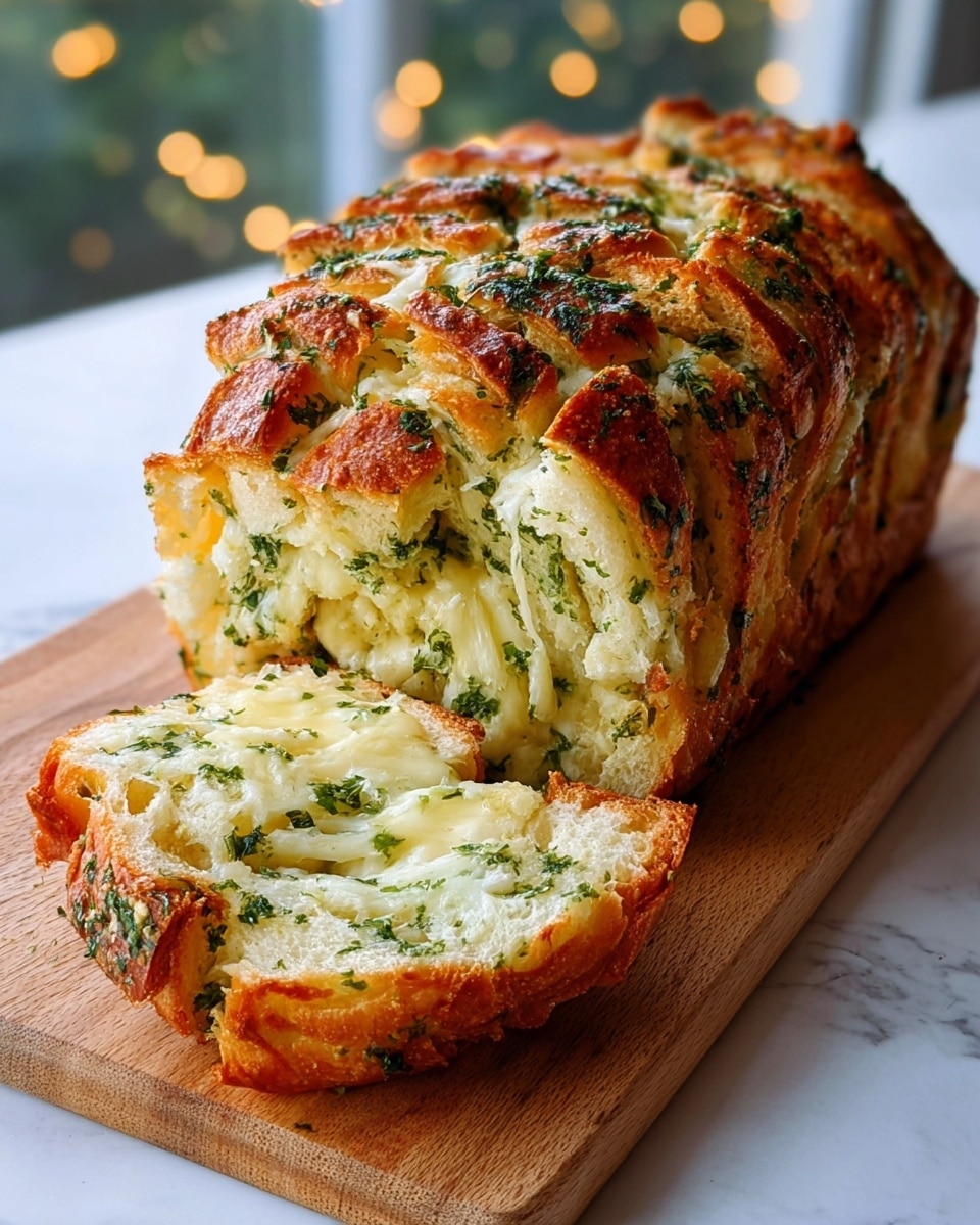 A golden brown loaf of garlic herb pull-apart bread is shown on a wooden board, with several sections visible. The bread has multiple layers, filled with melted cheese and finely chopped green herbs, creating a marbled effect inside. The top crust is crispy and browned with green herb bits sprinkled on top, while a couple of slices cut from the loaf lay in front, revealing a soft, airy texture with gooey cheese and herbs inside. The scene is set on a white marbled surface with softly blurred background light from a window. Photo taken with an iphone --ar 4:5 --v 7