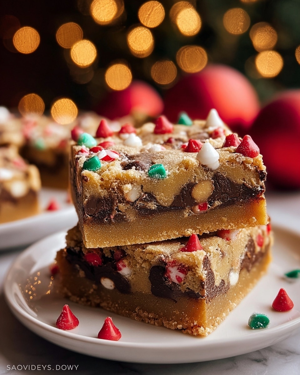 Two square layered dessert bars are stacked on a white plate with a white marbled texture background. The bottom layer is golden brown with a crumbly texture, while the middle layer is thick and dark brown with chunks inside and red and white Christmas-themed candy pieces mixed in. The top layer is light brown with a slightly rough texture, decorated with small red, green, white, and chocolate chips, some shaped like tiny Christmas hats. The scene is cozy, with blurred warm lights and red baubles in the background. Photo taken with an iphone --ar 4:5 --v 7