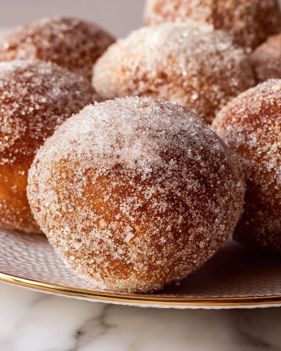 A close-up view of a round pastry covered in a thick layer of white sugar crystals with a light brown, crispy texture visible beneath. Several similar pastries are arranged closely together in the background. The pastries rest on a shiny white plate with a slightly hammered surface, placed on a white marbled texture. The image captures the rough and grainy sugar coating with a soft golden-brown base underneath, highlighting the contrast between the coarse sugar and the smooth pastry. Photo taken with an iphone --ar 4:5 --v 7