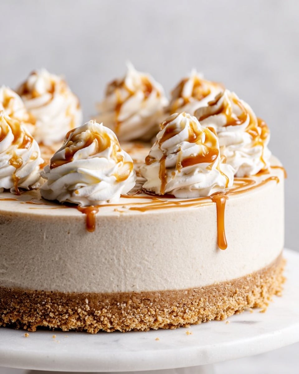 A round cake with three visible layers sits on a white marbled surface; the bottom layer is a textured light brown crumb crust, the middle layer is a thick, smooth light beige creamy filling, and the top is decorated with six swirls of white whipped cream evenly spaced around the edge. Each cream swirl has caramel sauce lightly drizzled on top and some caramel drips down the sides of the cake. The background is plain and light, making the cake the main focus. Photo taken with an iphone --ar 4:5 --v 7