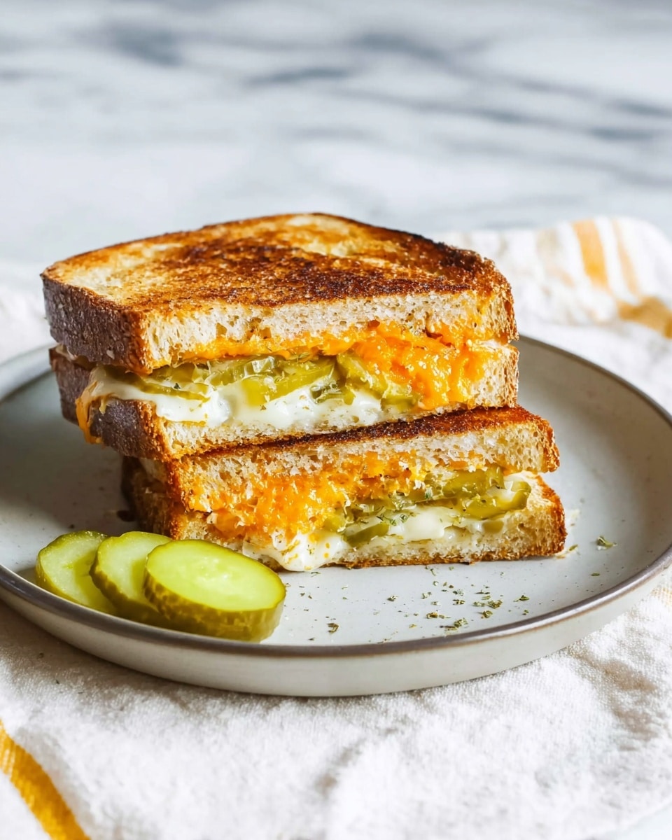 A toasted sandwich cut in half and stacked on a round white plate with a gray rim, placed on a white marbled surface with a white cloth showing yellow stripes next to it. The sandwich has two slices of toasted bread that are golden brown with visible herbs on top. The first layer inside is melted orange cheddar cheese, followed by curly slices of pale green pickles with a glossy texture, and under the pickles, gooey melted white cheese can be seen. One circular pickle slice is placed on the plate in front of the sandwich. Photo taken with an iphone --ar 4:5 --v 7