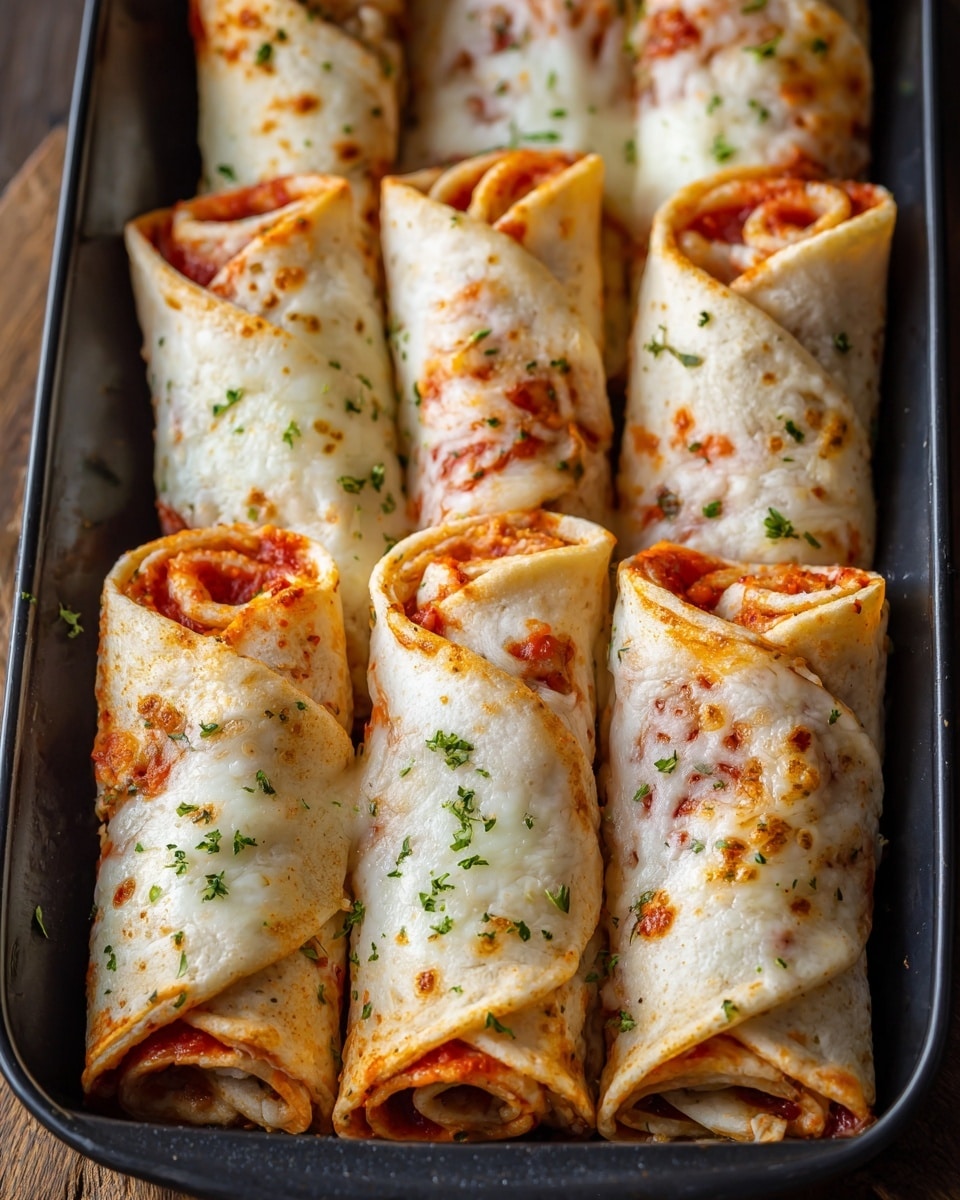 A close-up of a black baking tray filled with about a dozen pizza roll-ups standing upright side by side. Each roll-up has three visible layers: a soft white tortilla wrapped around a bright red tomato sauce layer, topped with melted white cheese that looks stretchy and slightly browned at the edges, sprinkled with small green herbs. The texture of the tortilla is smooth with slight browning around the edges, and the sauce peeks through within the rolls, showing a moist, vibrant red color. The cheese is bubbly with golden spots, and the herbs add a light touch of green contrast. The tray sits on a wooden surface. photo taken with an iphone --ar 4:5 --v 7