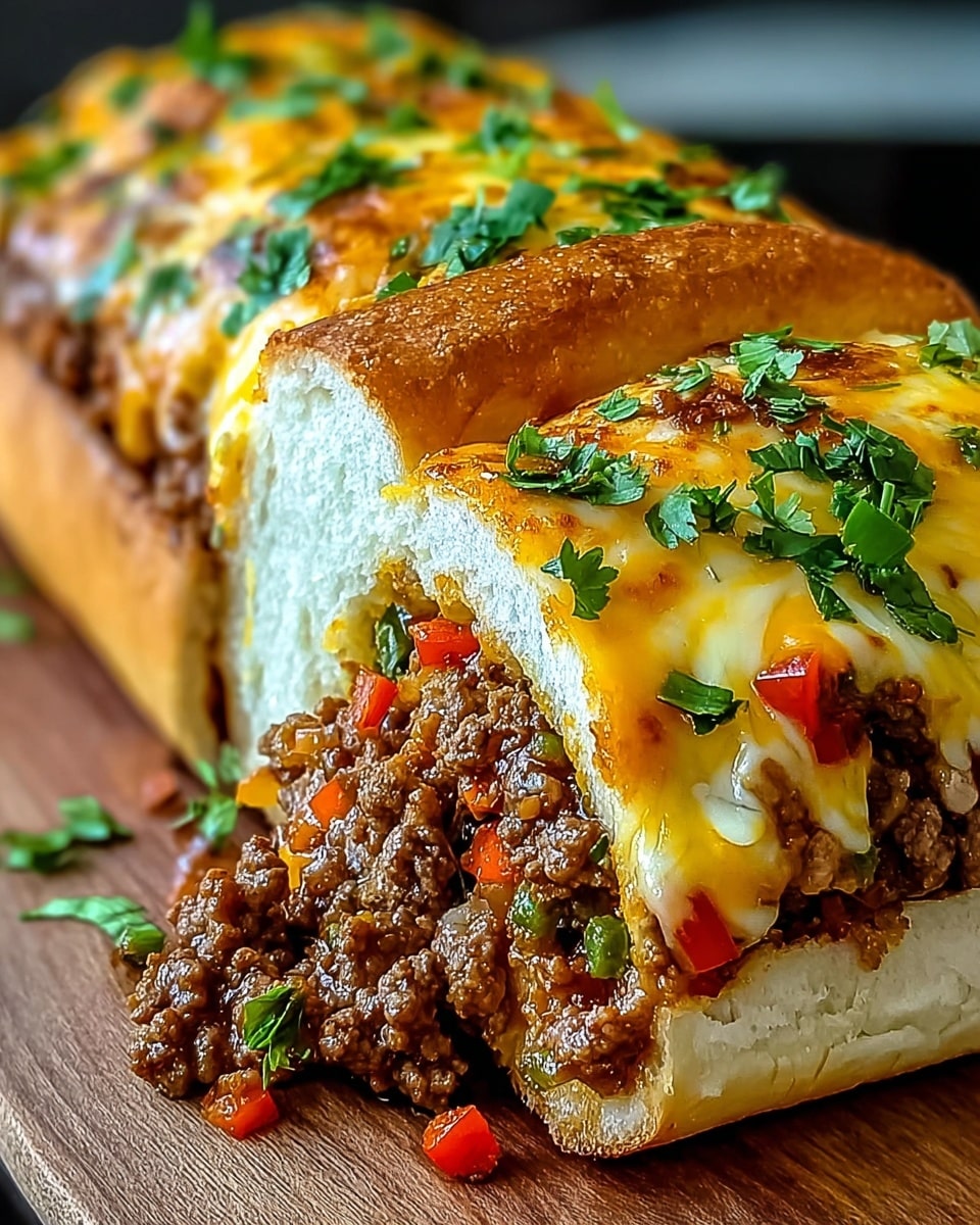 A thick sandwich roll cut open showing three main layers: a soft white bread outer layer that is thick and fluffy, a middle layer full of browned ground beef mixed with small red pepper chunks and bits of green herbs, and a top layer of melted golden-yellow cheese that is slightly browned and gooey, draped over the beef and pepper mix. The sandwich is garnished with fresh chopped green herbs on top. It rests on a wooden board with a blurred background. photo taken with an iphone --ar 4:5 --v 7