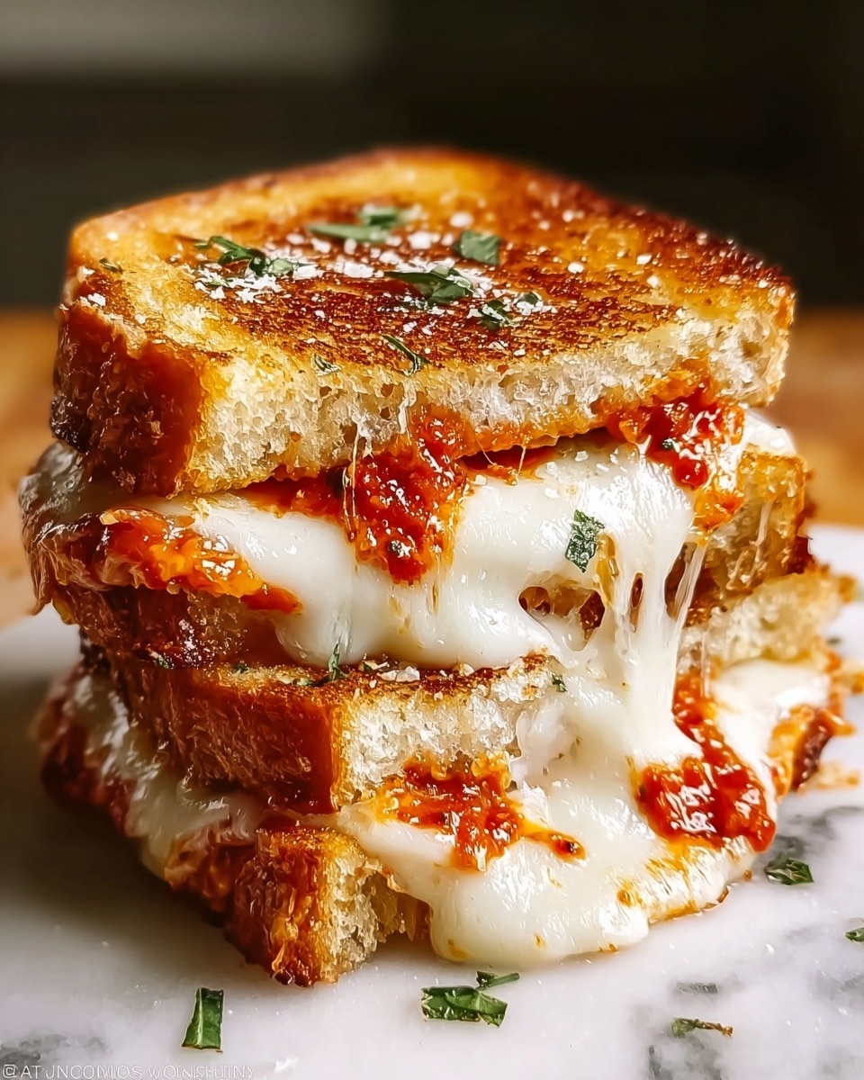 A close-up of a grilled cheese sandwich stacked in three layers on a white marbled surface. The top and bottom layers are golden brown toasted bread with a slightly crispy texture. Between the bread layers are two thick layers of melted white cheese, soft and gooey, with some parts stretching and oozing out. There are small bits of red sauce and green herbs scattered within the cheese layers, adding color contrast. The sandwich looks warm and appetizing with some melted cheese dripping slightly onto the surface. Photo taken with an iphone --ar 4:5 --v 7