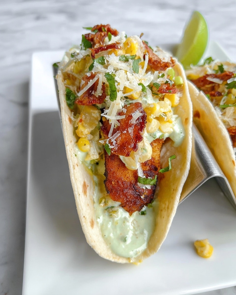 A soft white corn tortilla folded and held upright in a metal taco holder contains layers starting with a creamy light green sauce at the base, topped with a deep golden-brown piece of fried fish. Above the fish, there is a mix of bright yellow corn kernels, small green sliced herbs, and fried crispy golden-brown bacon bits. The taco is finished with a sprinkle of finely grated white cheese, creating a textured top layer. To the side on the white square plate, there is a pale green lime wedge. The background is a white marbled surface. Photo taken with an iphone --ar 4:5 --v 7