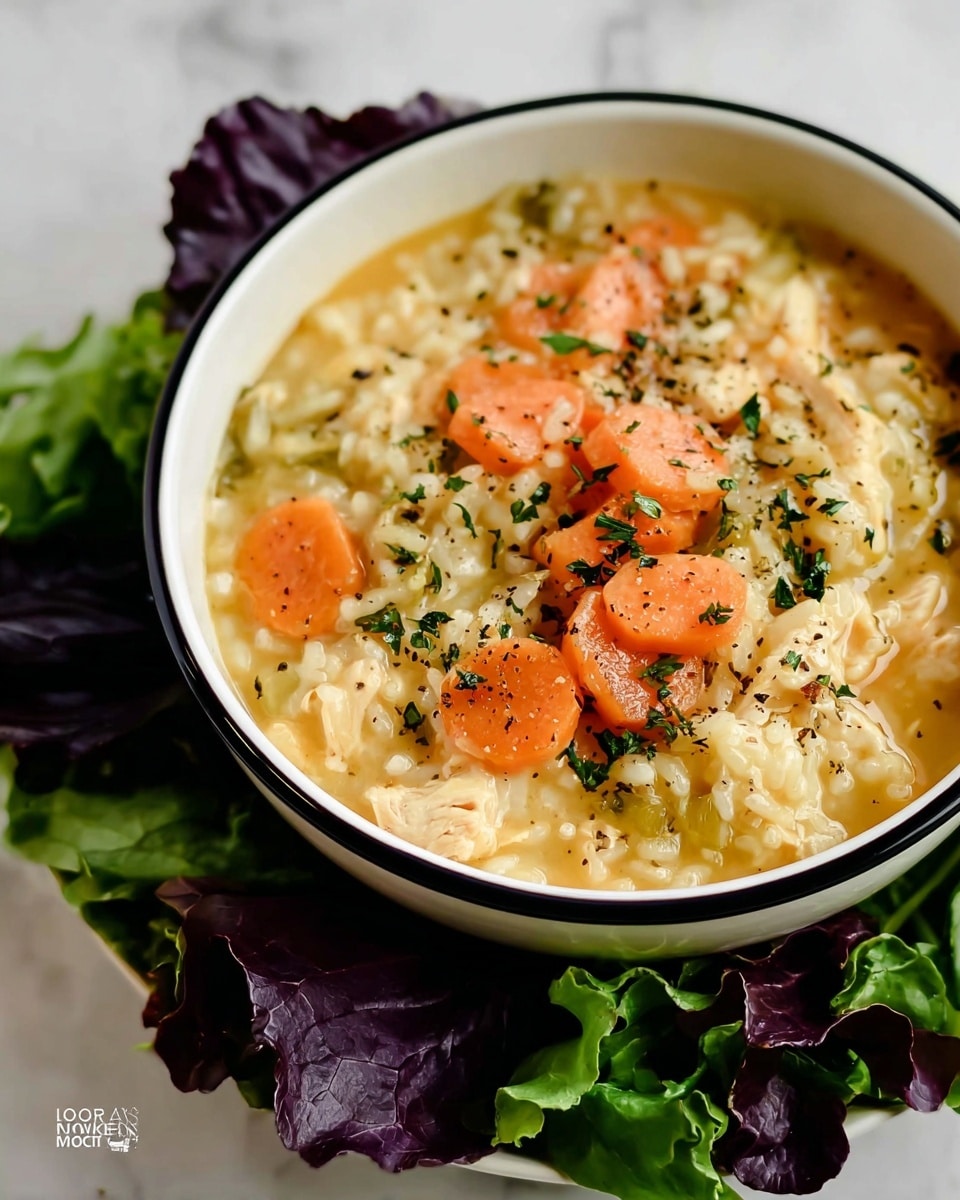 A close-up of a white bowl filled with a creamy chicken and rice soup, showing visible layers including soft, light orange carrot slices, tender white chicken chunks sprinkled with black pepper, and thick, slightly glossy rice grains all mixed in a pale yellow broth with small green herb pieces. A spoon lifts a bite-sized portion from the bowl, focusing on the textures of the soft vegetables and meat. The bowl sits on a white marbled surface with some green leafy vegetables partially visible near the base. Photo taken with an iphone --ar 4:5 --v 7