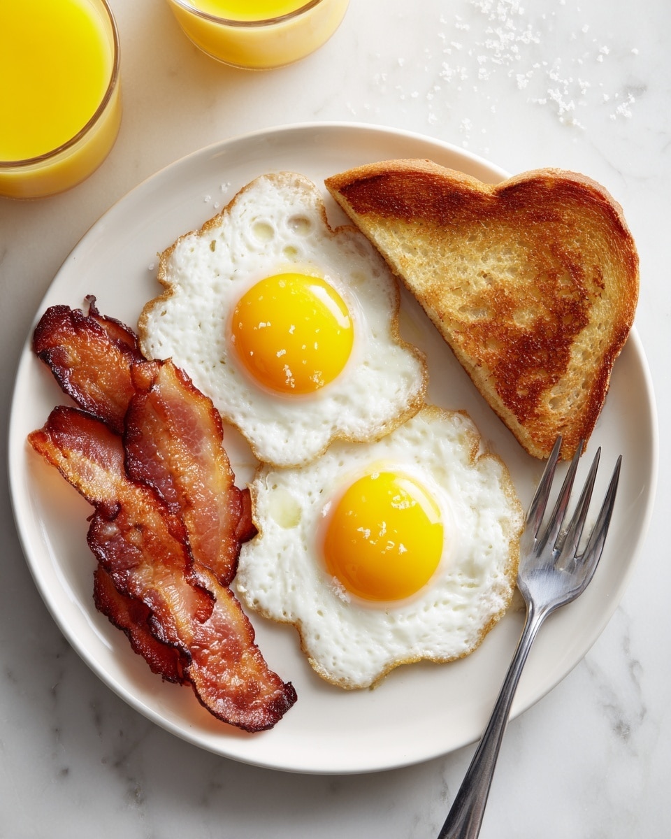 A white plate holds two cloud eggs, each with fluffy white edges and bright yellow yolks in the center. Next to the eggs are two crispy strips of dark brown bacon. Below the bacon is a piece of golden toasted bread cut diagonally. A silver fork rests on the right side of the plate. The plate is set on a white marbled surface, with parts of two glasses filled with orange juice visible at the top left and bottom left of the image. Photo taken with an iphone --ar 4:5 --v 7