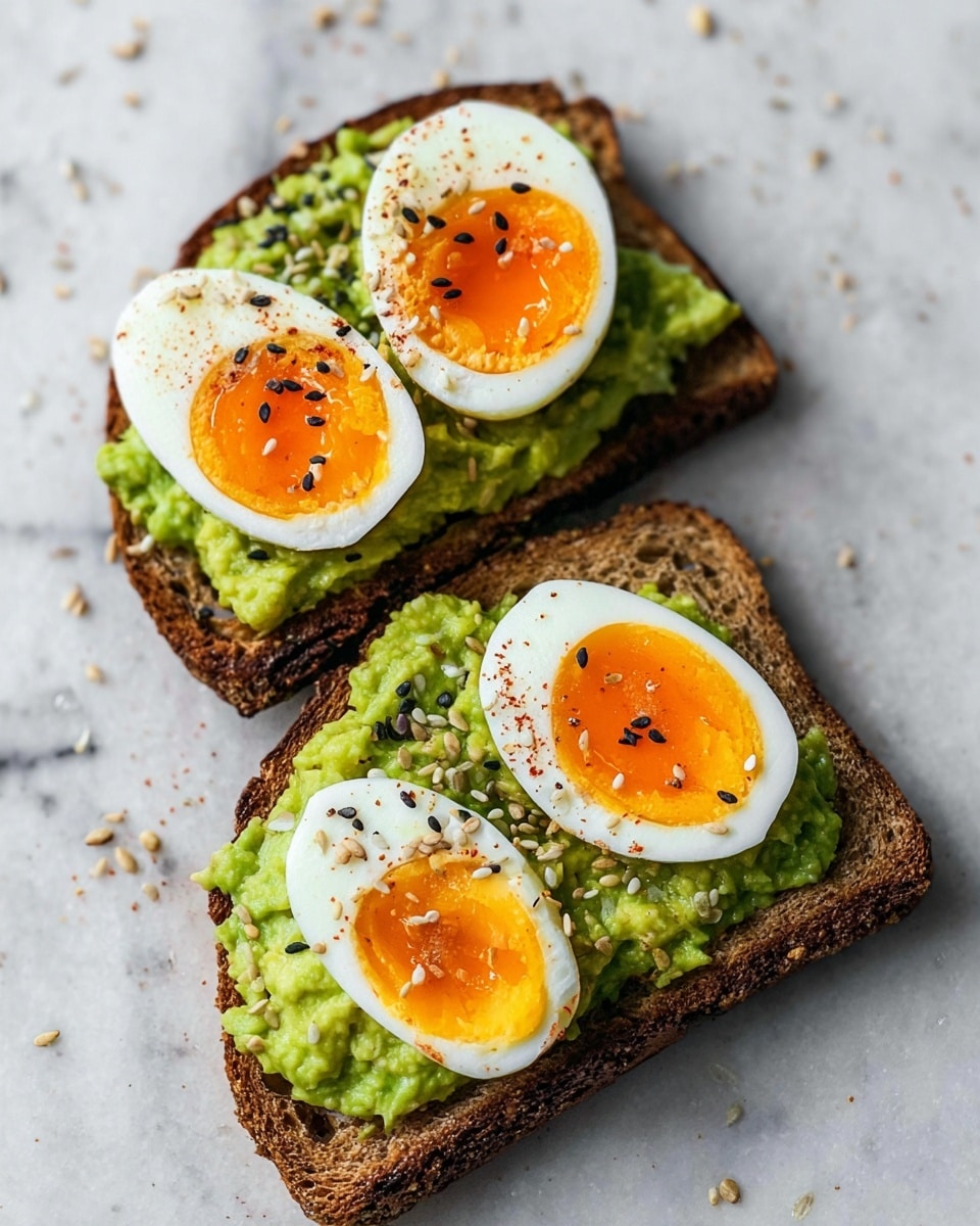 Two slices of toasted brown bread form the base layer with a rough, crispy texture and dark edges. On top of each slice is a thick, uneven layer of bright green mashed avocado with a slightly chunky texture. Each slice is topped with a halved soft-boiled egg, showing a glossy orange yolk in the center and smooth white edges. Black and white sesame seeds along with some small seasoning flakes are sprinkled over the eggs and avocado. The toast is placed on a white marbled surface with a few scattered seeds around. photo taken with an iphone --ar 4:5 --v 7