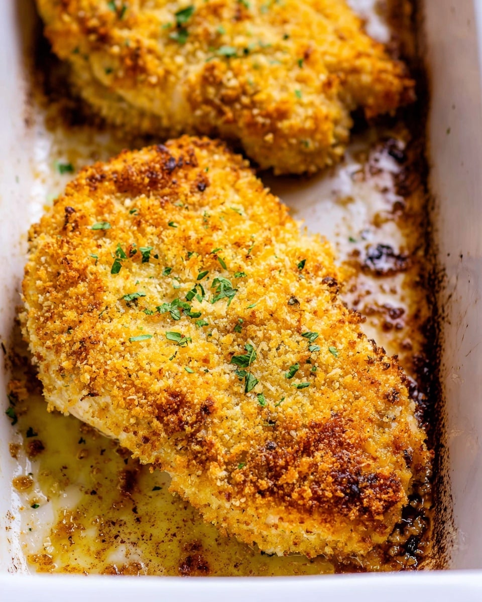 The image shows a close-up of two baked chicken breasts covered in a thick, golden-brown breadcrumb crust that looks crispy and slightly crumbly. The crust is lightly speckled with finely chopped green herbs scattered on top. The chicken breasts sit in a white baking dish with some browned and slightly burnt spots around the base, indicating they were baked until crispy. The overall texture of the crust appears crunchy with a few uneven, toasted patches, and the white baking dish contrasts with the rich yellow and golden hues of the chicken photo taken with an iphone --ar 4:5 --v 7