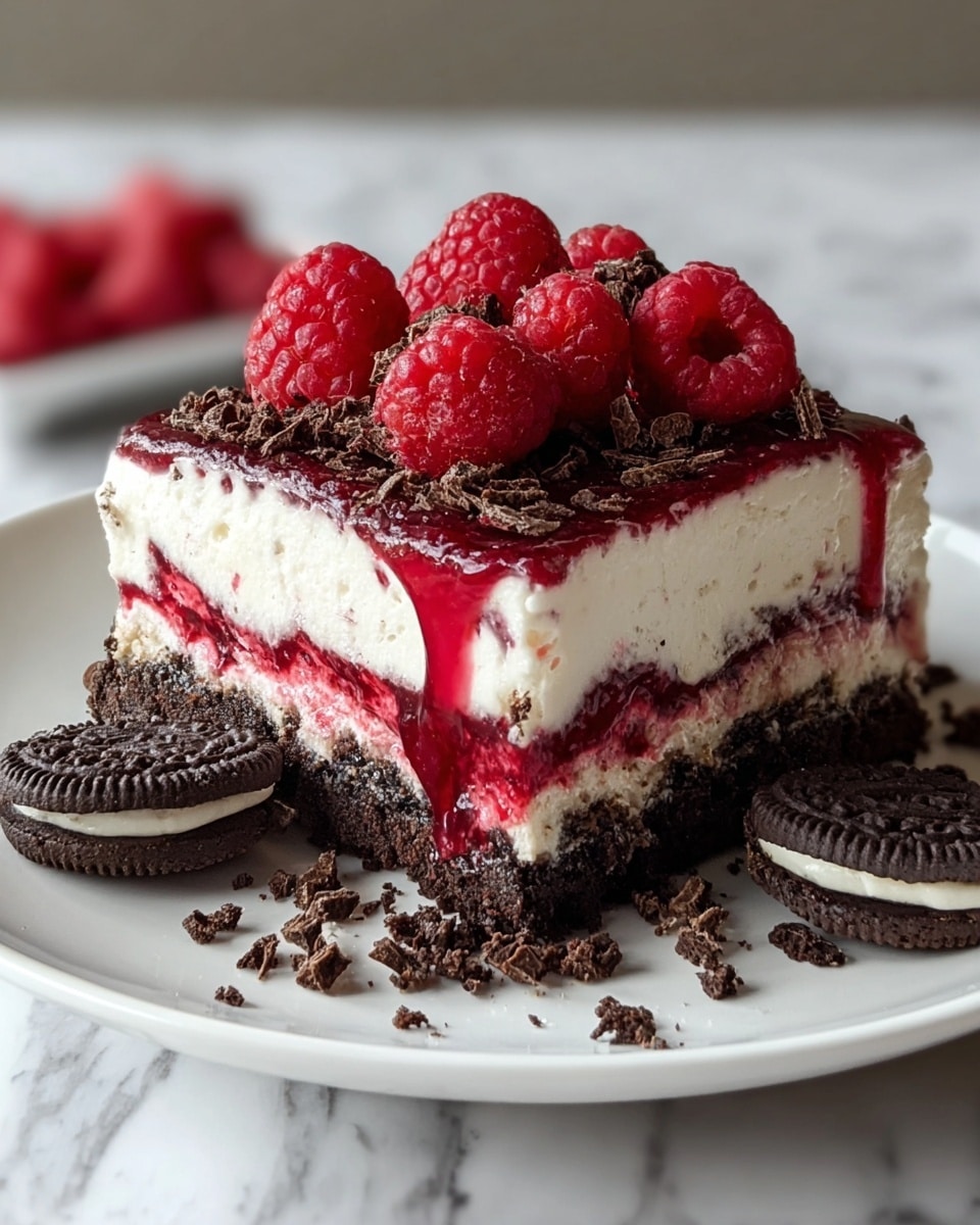 A square slice of layered dessert is placed on a white plate on a white marbled surface. The bottom layer is dark brown and crumbly like chocolate cookie crust. Above that is a thick bright red berry jelly or filling, which drips slightly down the sides. Next is a thick creamy white layer that looks smooth and soft. On top, fresh red raspberries are piled, with small dark brown chocolate shavings scattered over the creamy layer and the plate. Two whole black sandwich cookies with a white filling sit on the plate near the dessert. Photo taken with an iphone --ar 4:5 --v 7
