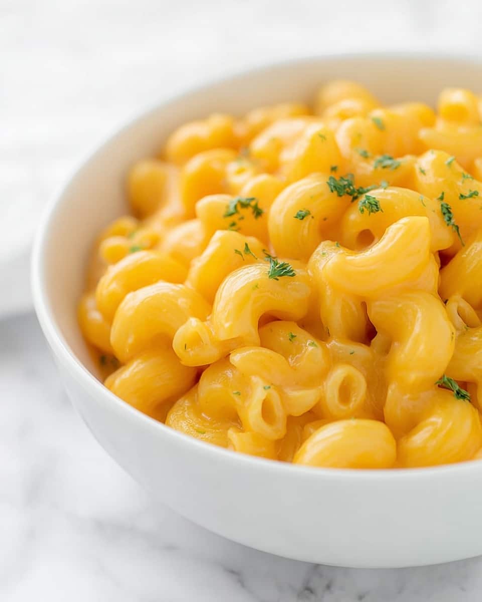 A white bowl filled with three layers of elbow macaroni pasta, each piece coated in smooth, creamy bright orange cheese sauce. Small green parsley leaves are lightly scattered on top, adding a touch of fresh color. The bowl sits on a white marbled surface, with a soft focus close-up emphasizing the creamy texture of the cheese and the curved shapes of the pasta. photo taken with an iphone --ar 4:5 --v 7