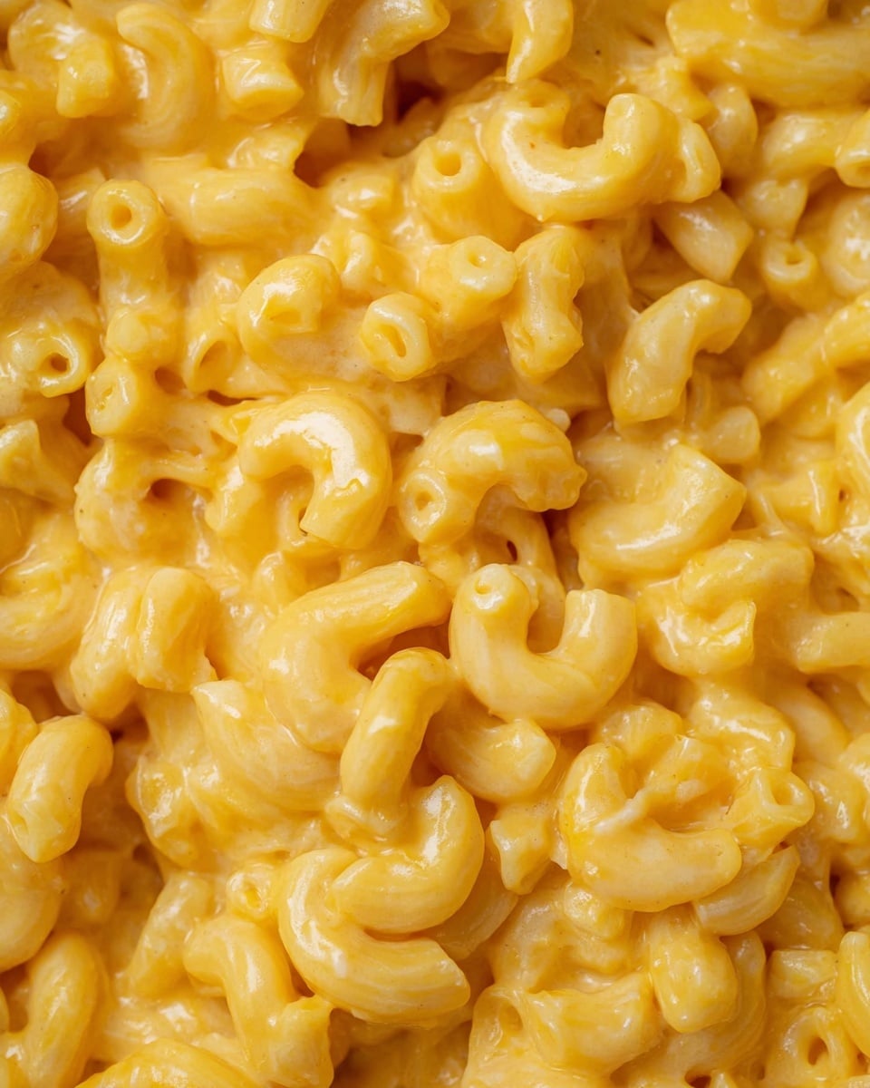 Close-up view of creamy macaroni and cheese, showing many small elbow-shaped pasta pieces coated with a smooth, rich yellow-orange cheese sauce. The pasta pieces have a soft texture with some shiny spots from the sauce. There is no plate or bowl visible, just the thick pasta mixture filling the frame fully, with a white marbled texture surface softly blurred in the background. photo taken with an iphone --ar 4:5 --v 7