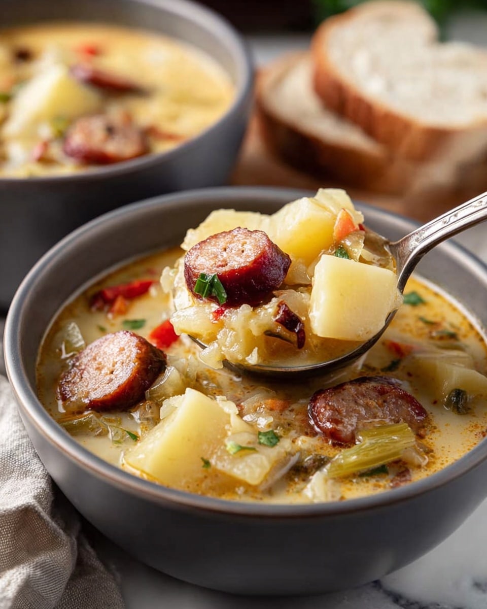 A close-up of a gray bowl filled with thick soup made of chunky yellow potatoes and slices of browned sausage, mixed with small bits of red and green vegetables floating in creamy broth; a metal ladle lifts a serving with visible pieces of potatoes, sausage, and vegetables, showing a rich, hearty texture. In the background, another similar bowl with soup and a stack of light brown bread slices on a white marbled surface can be seen. photo taken with an iphone --ar 4:5 --v 7