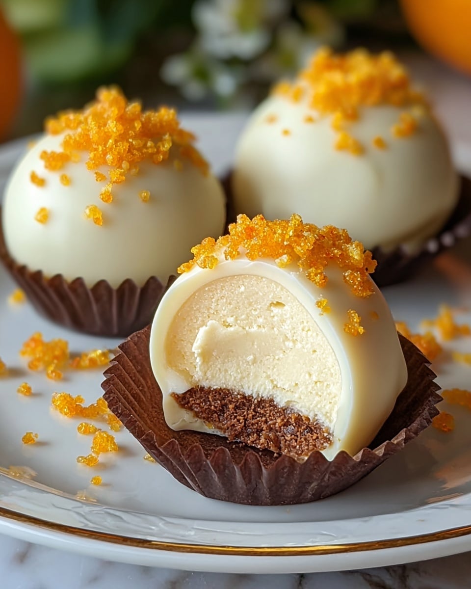 Three round, white chocolate-coated dessert balls sit on a white plate with a gold edge, each in a dark brown paper cup. The front dessert ball is bitten into, showing a creamy, smooth white filling inside and a thin brown base layer underneath. Each ball is topped with small, bright orange crumbles, some of which are scattered on the plate around them. The background is softly blurred with green and orange hues on a white marbled surface. photo taken with an iphone --ar 4:5 --v 7