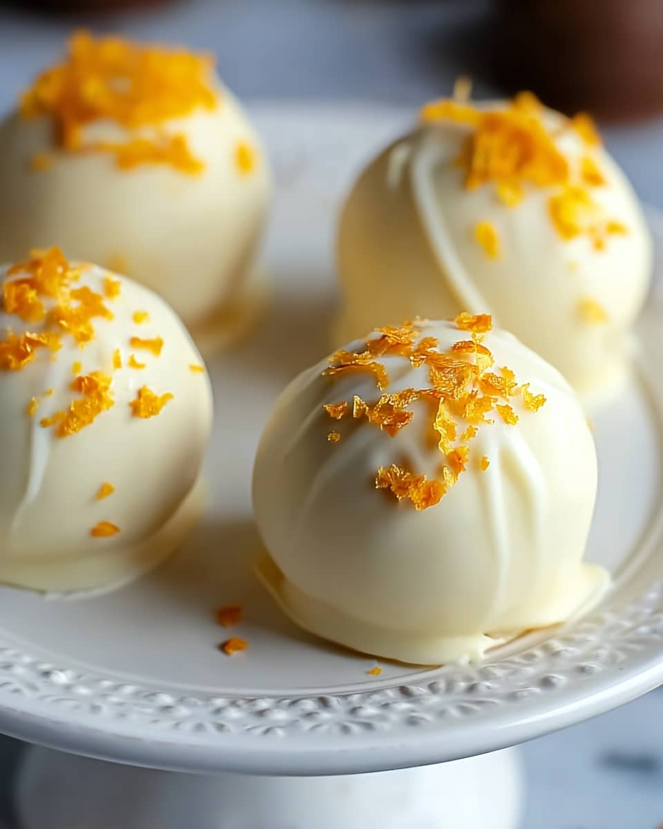 The image shows four smooth, round white chocolate balls arranged on a white plate with a decorative edge, all topped with small pieces of bright orange zest. Each ball has one visible layer, the shiny and creamy white chocolate coating with textured zest sprinkled on top giving a slight contrast. The background surface is a white marbled texture, making the colors of the treats clear and bright. photo taken with an iphone --ar 4:5 --v 7