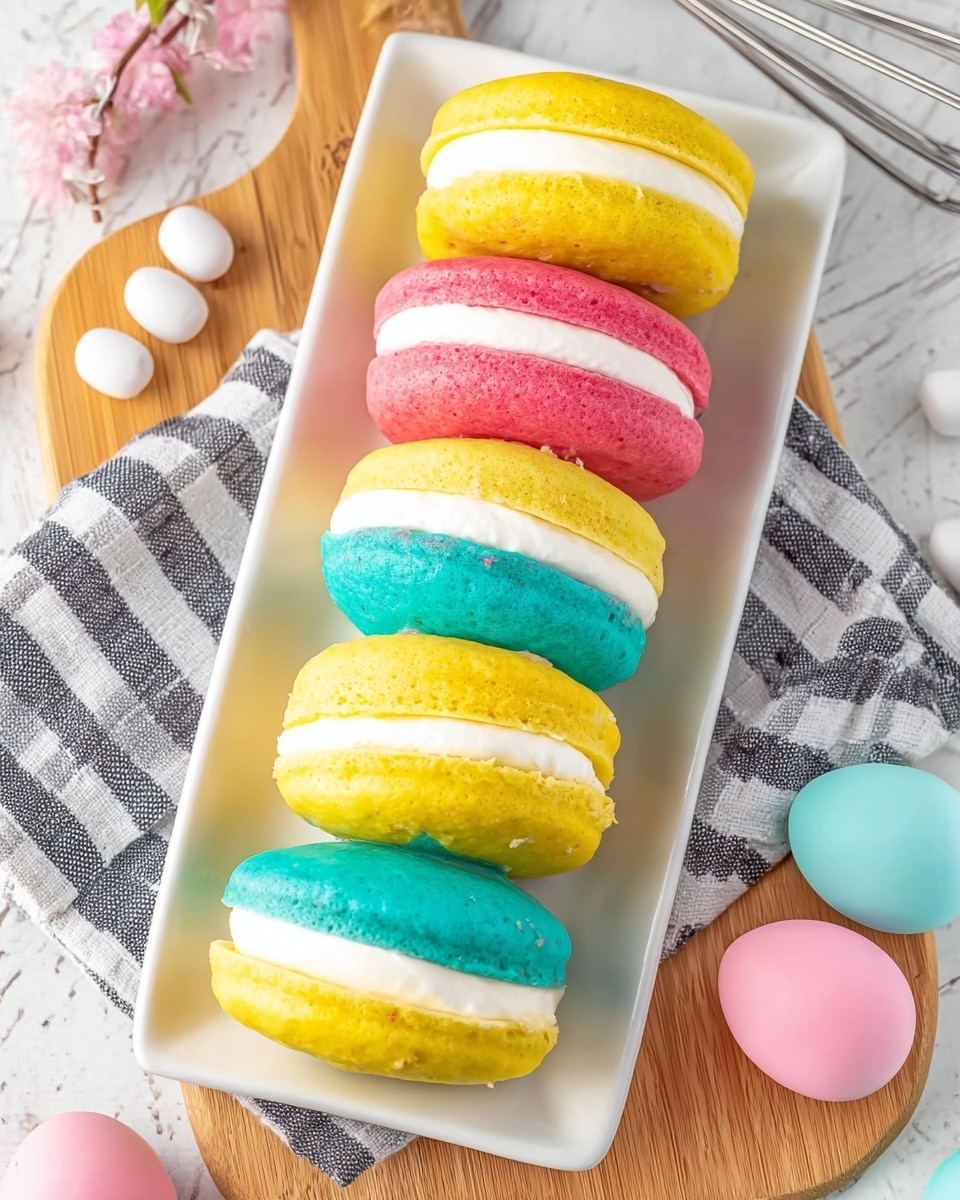 A white rectangular plate holds six colorful whoopie pies arranged vertically in a single line. Each whoopie pie has two round, soft cookie-like layers sandwiching a thick white cream layer. From top to bottom, the colors of the cookie layers are: bright pink, bright yellow, turquoise blue, bright yellow again, pink again, and bright yellow at the bottom. The cookies have a smooth, slightly cracked texture. The plate sits on a wooden board with a striped grey and white cloth nearby, along with pastel pink and blue checkered eggs and white oval beads scattered around. A whisk with a light wooden handle rests on the left side of the board. The background has a white marbled texture. Photo taken with an iphone --ar 4:5 --v 7