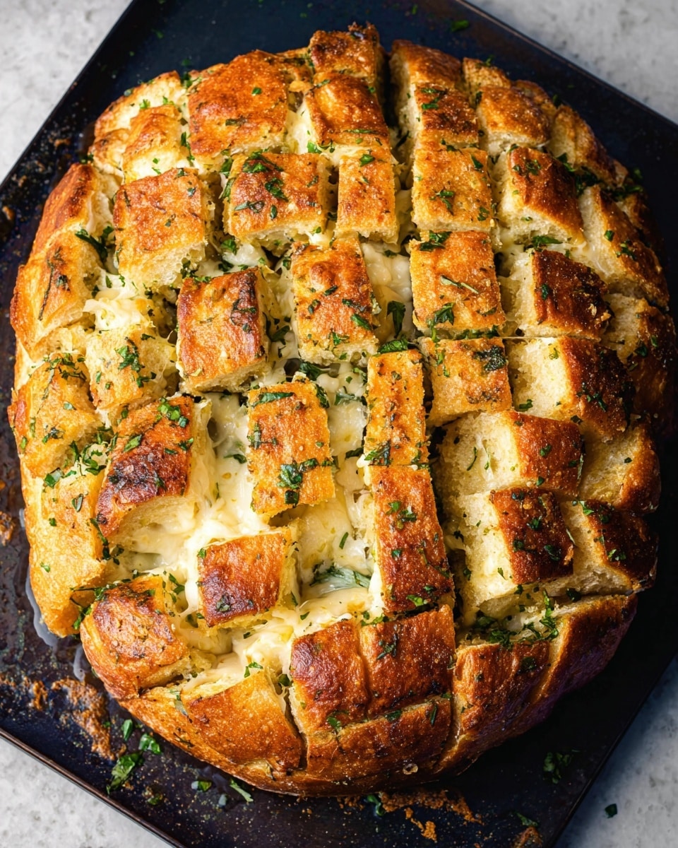 A round loaf of bread is cut into many square sections on a dark baking tray, the top layer is golden brown and crispy, while inside there are melted white cheese layers mixed with bits of green herbs, showing stringy cheese pulling between the sections. The bread has a soft, fluffy texture under the crust, and the herbs add specks of green all over. The photo is taken from above and the edges of the tray show some toasted crumbs and scattered herb leaves on a white marbled texture surface. photo taken with an iphone --ar 4:5 --v 7