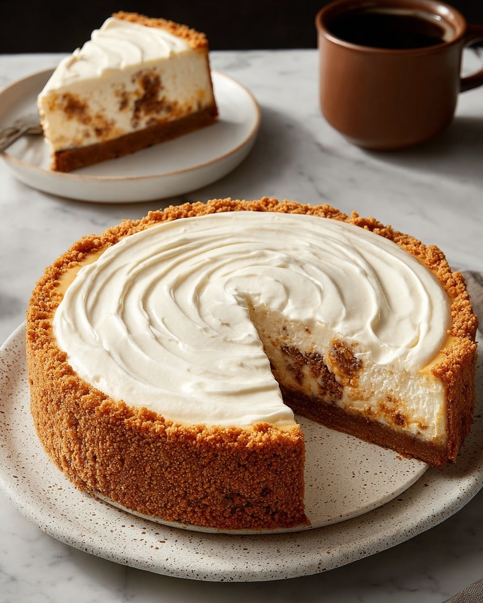 A round cheesecake with three distinct layers sits on a white speckled plate. The bottom and side crust layer is golden brown and crumbly, forming a thick border around the cake. The middle layer is creamy and off-white with visible brown bits mixed in, showing texture inside the filling. The top layer is smooth white cream, spread evenly with gentle swirled patterns. A single slice has been cut and partially removed, showing the layers clearly. In the background, a matching slice rests on a white plate, and a brown cup sits near it, all placed on a white marbled surface. photo taken with an iphone --ar 4:5 --v 7