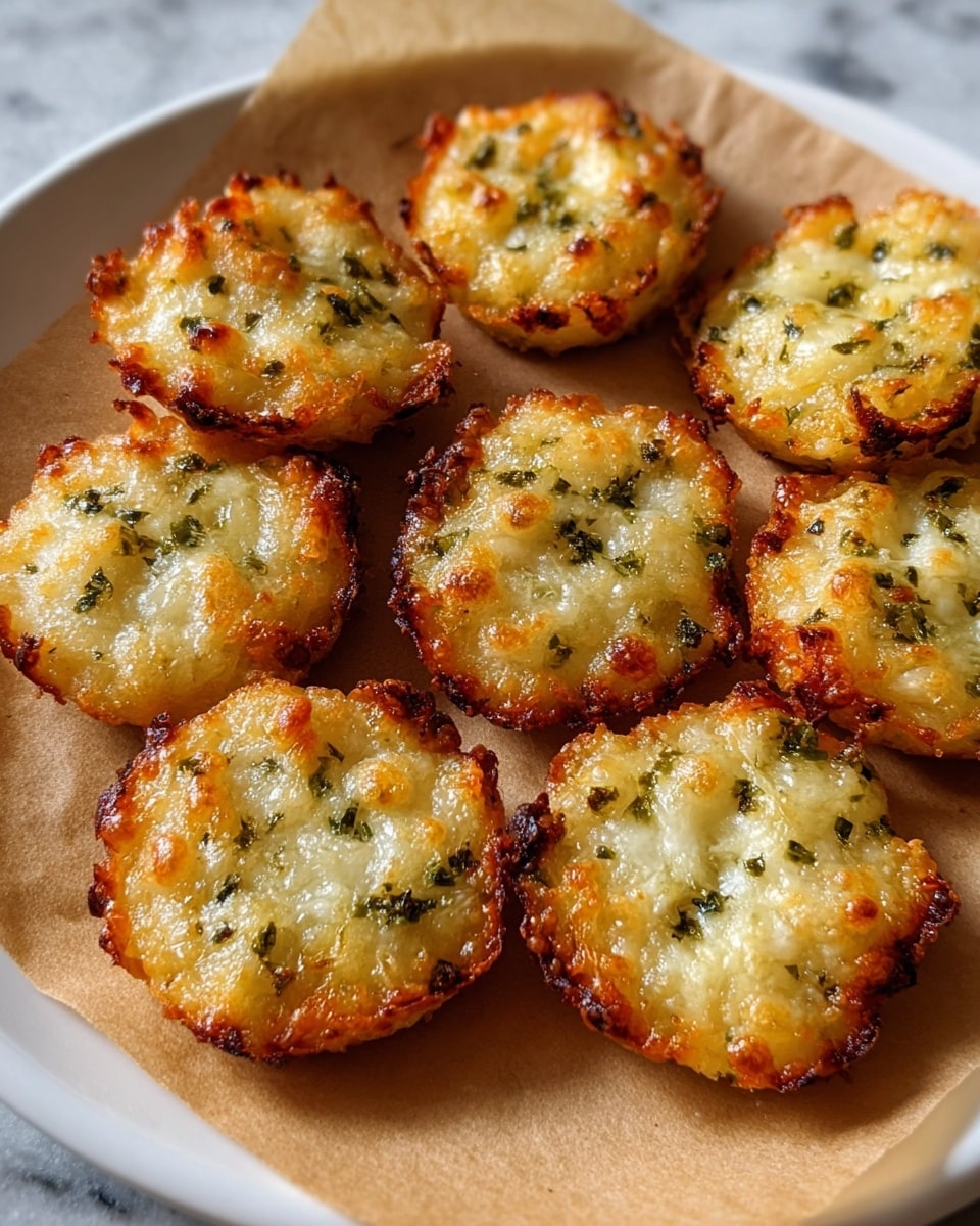 A white plate holds nine small, golden-brown, crispy cheese bites arranged in a circular pattern on a piece of light brown parchment paper. Each cheese bite has one layer, dense and bubbly, with melted cheese mixed with small green herb bits. The edges of the bites are darker and crispier than the softer, glossy center, showing a toasted texture. The background shows a blurred white marbled texture. photo taken with an iphone --ar 4:5 --v 7