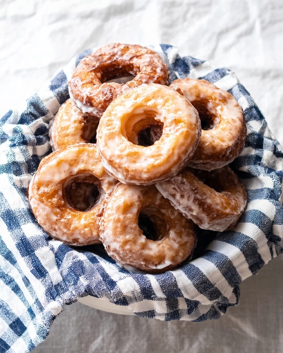 A white bowl lined with a blue and white striped cloth holds a stack of glazed donuts. The donuts are layered unevenly, with some resting on top of others, showing their round shape with a central hole. The glaze is shiny and white, covering the golden-brown dough with slight texture that shows some darker spots. The bowl is placed on a white marbled texture cloth with a blue checkered pattern underneath, making the glazed donuts stand out clearly. Photo taken with an iphone --ar 4:5 --v 7