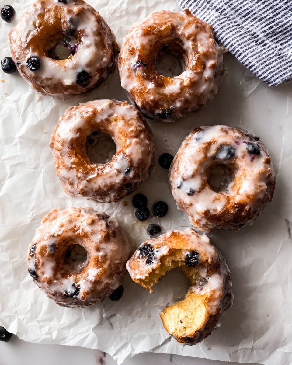 The image shows six round, glazed donuts with a rough, textured surface and small dark spots, likely blueberries, embedded throughout the dough. Each donut has a hole in the middle and a shiny, slightly cracked white glaze coating the outside. One donut is broken in half, revealing a light golden brown interior with visible blueberry pieces. The donuts are placed on crumpled white parchment paper over a white marbled surface, scattered with a few loose dark blueberries. A striped cloth is partially visible at the edge. photo taken with an iphone --ar 4:5 --v 7