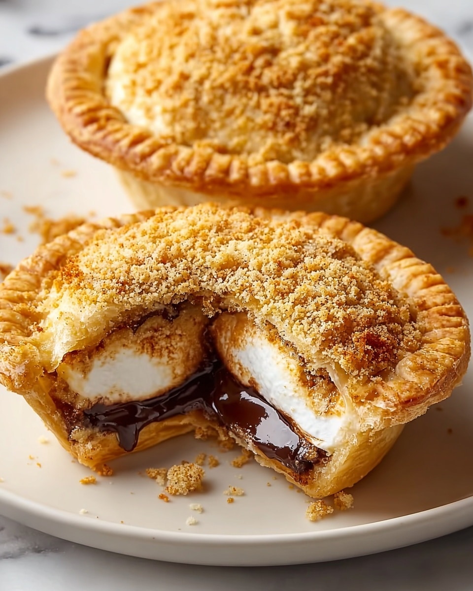 Two small round pies with crimped edges sit on a white plate over a white marbled surface. The top pie has a golden brown crust with a crumbly topping, showing a cut section filled with dark, glossy melted chocolate and a layer of soft white marshmallow beneath the crust. The crust looks flaky and slightly shiny from baking, and the crumb topping adds a crunchy texture. Photo taken with an iphone --ar 4:5 --v 7