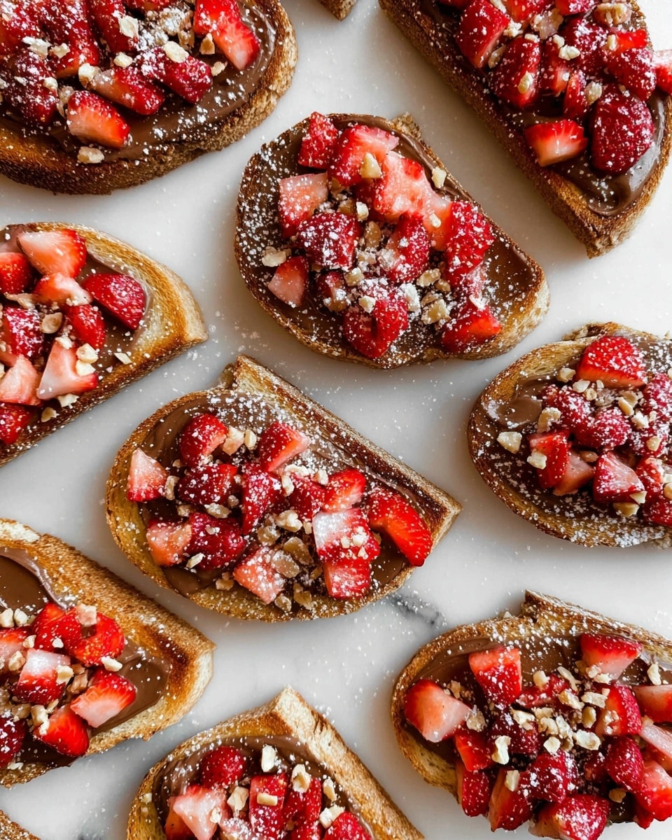 The image shows multiple pieces of toasted bread with a golden-brown crust laid out on a white marbled surface. Each slice has a base layer of smooth chocolate spread, topped generously with finely chopped red and pink fresh strawberries. On top of the fruit are small clusters of light-colored crunchy granola pieces sprinkled evenly. The toast edges have a light dusting of powdered sugar, adding a delicate white contrast to the rich colors. The arrangement is casual with some slices overlapping slightly. photo taken with an iphone --ar 4:5 --v 7