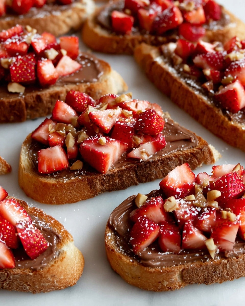 The image shows several pieces of toasted bread laid out on a white marbled surface. Each slice is topped with a thick, smooth layer of chocolate spread evenly across the bread. On top of the chocolate spread, there is a generous pile of small, diced fresh strawberries, bright red in color with some lighter pink pieces mixed in. Scattered over the strawberries and chocolate spread are small bits of crunchy nuts and a light dusting of powdered sugar, which adds a delicate white contrast. The toast slices have a golden-brown crust and a soft, light inside that is slightly textured from toasting. photo taken with an iphone --ar 4:5 --v 7